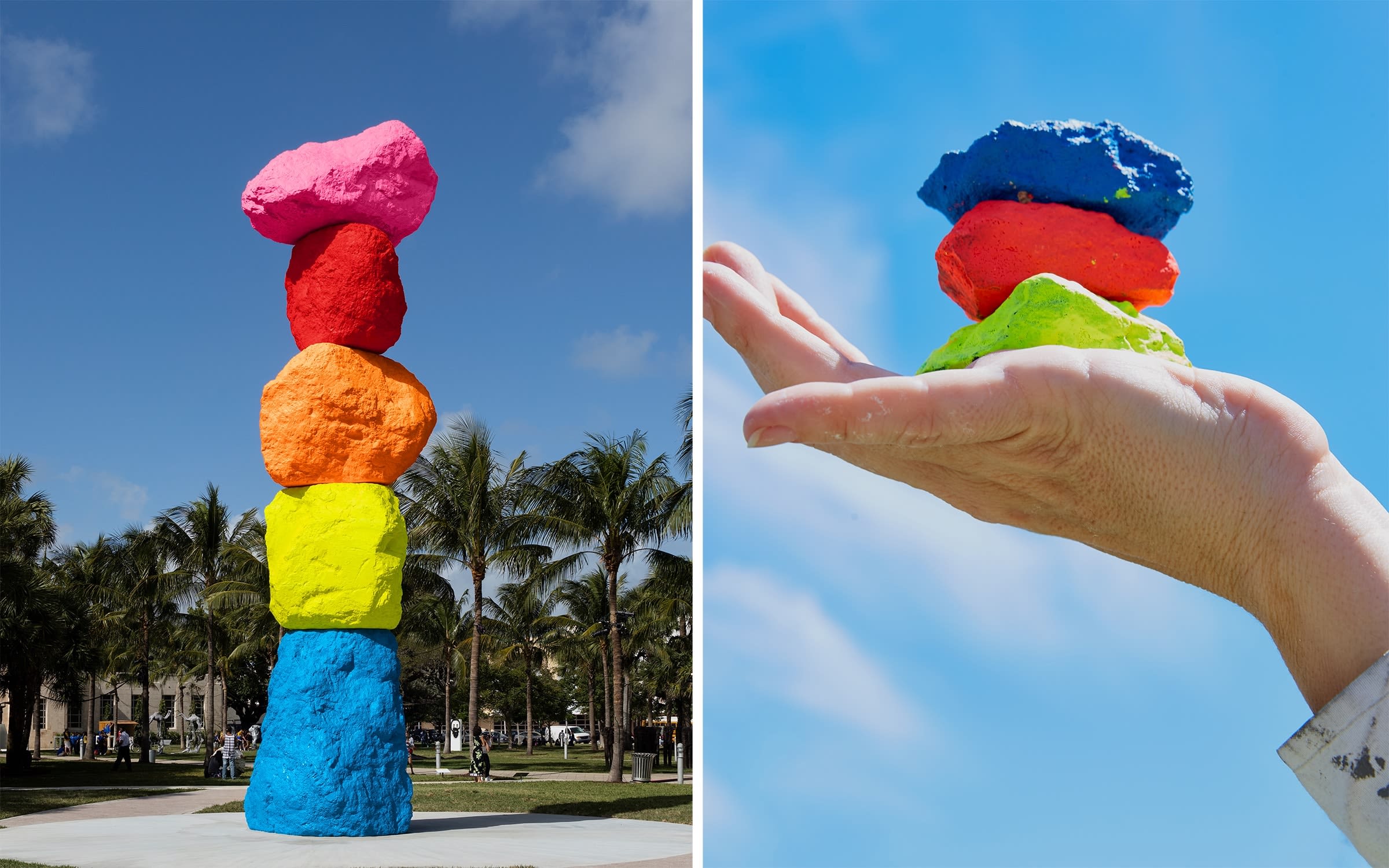 Left: Ugo Rondinone, Miami Mountain, 2016, painted stone and stainless steel, 3.5 × 12.5 × 3.5m. Photo by Andrea Rossetti, courtesy of Studio Rondinone. Right: Marcela Sinclair holding up a few stones from Derrame (Spill), 2019. Photo by Mani Gatto.