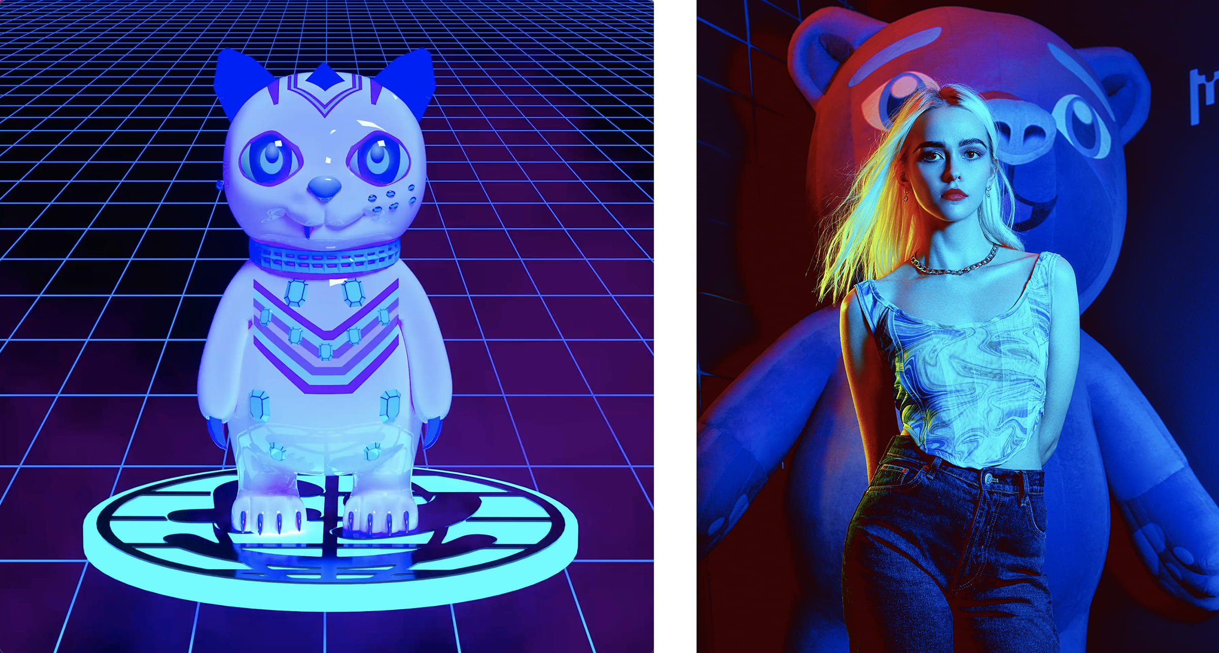 Left: Olive Allen, MetaCat, 2022. Right: Olive Allen. Photo by Dave Zuluaga. Both images courtesy of the artist.