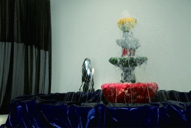 Fountain: Night Garden, 2020, stainless steel, PVC cloth, water spray device, dust screen, fibreglass, print on cloth, LED lights, ropes, dimensions variable. Courtesy of the Artist and Kiang Malingue. 