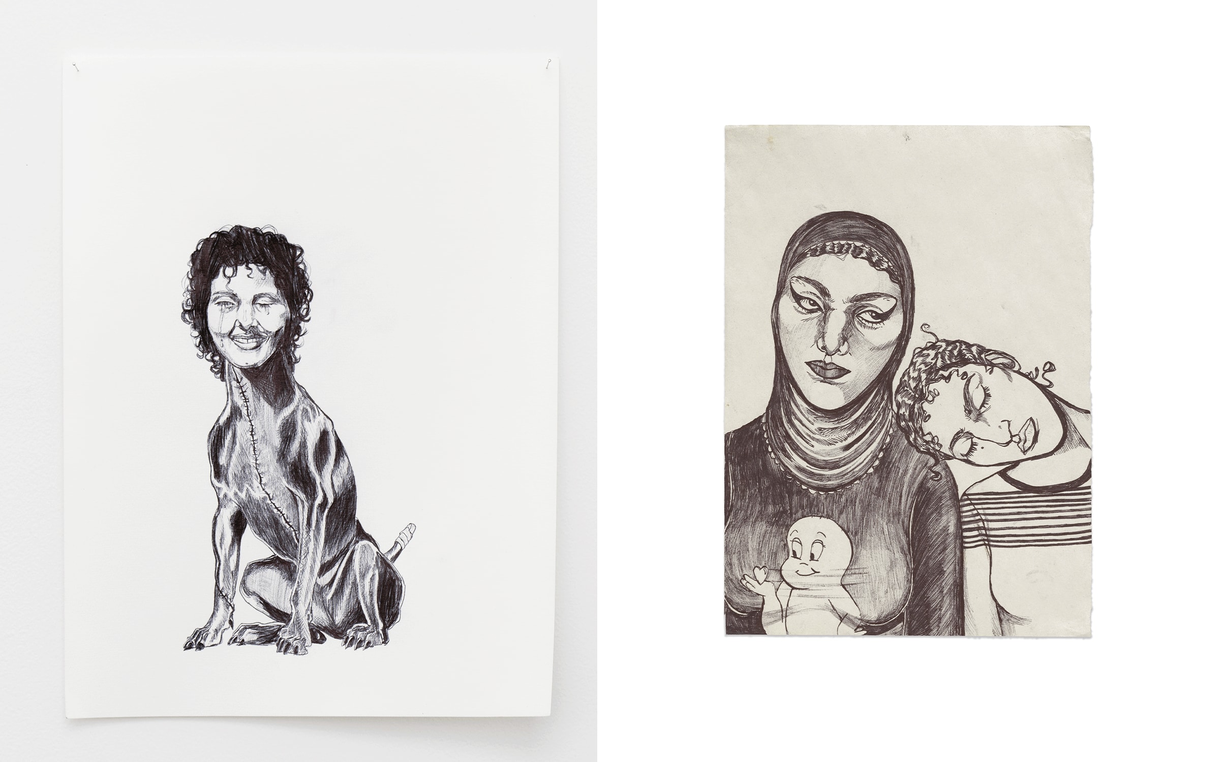 Artworks by Neïla Czermak Ichti. Photograph by Aurélien Mole. Courtesy of Galerie Anne Barrault. Left: Chienne de vie, 2022. Right: sans titre, 2018.