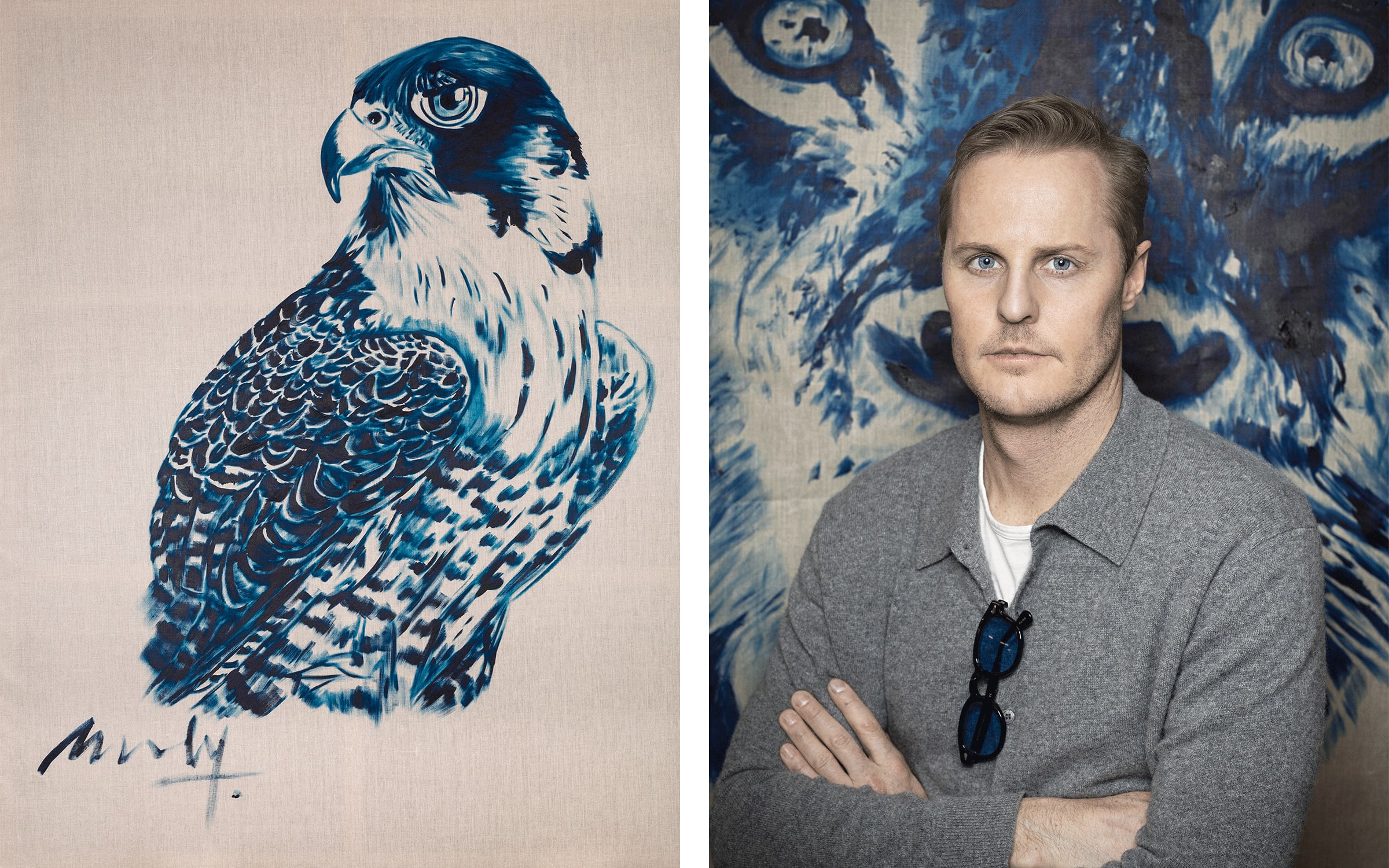 Left: Conor Mccreedy, Falco Columbarius Portrait. Photograph by Xandra Linsin. Right: Conor Mccreedy. Photograph by Xandra Linsin.