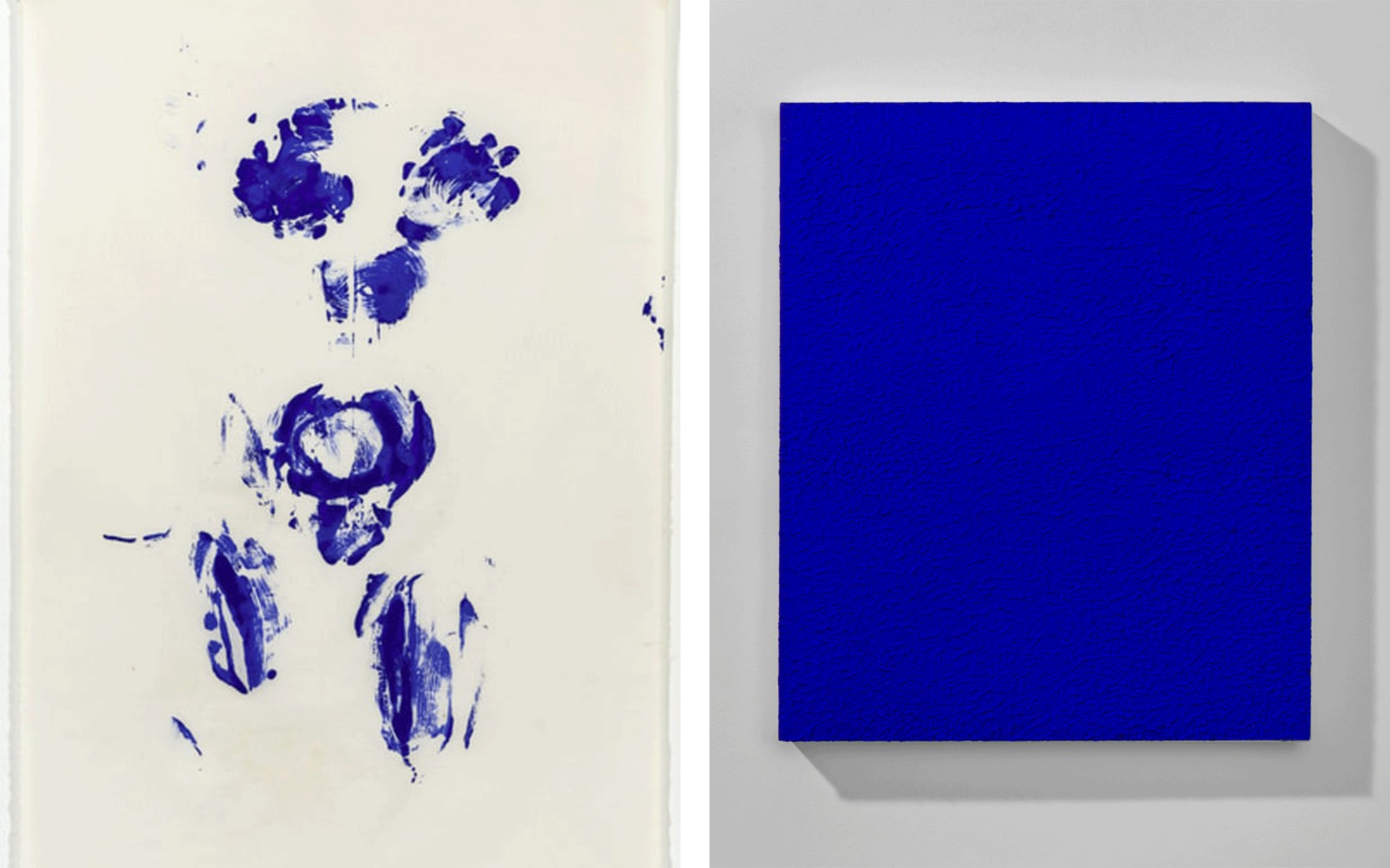 Left: Yves Klein, Ant Su 5, 1960. Exhibited at Art Basel in Basel in 2015 by The Mayor Gallery. Right: Yves Klein, Monochrome bleu (IKB 242 A), 1959. Exhibited at Art Basel Miami Beach in 2019 by Galerie Thomas.