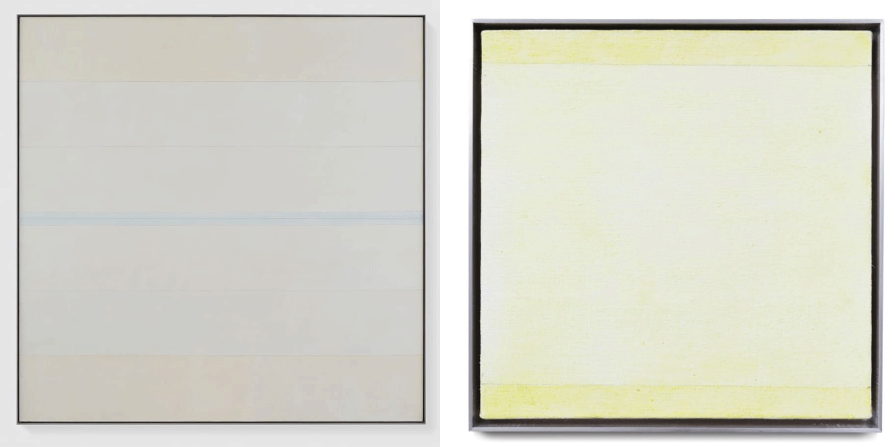 Left: Agnes Martin, Untitled #9, 2003. Exhibited by Mary Boone Gallery at Art Basel Miami Beach 2017. Right: Agnes Martin, Untitled, 2000 - 2004. Exhibited by Peter Freeman Inc. at Art Basel in Basel in 2016.
