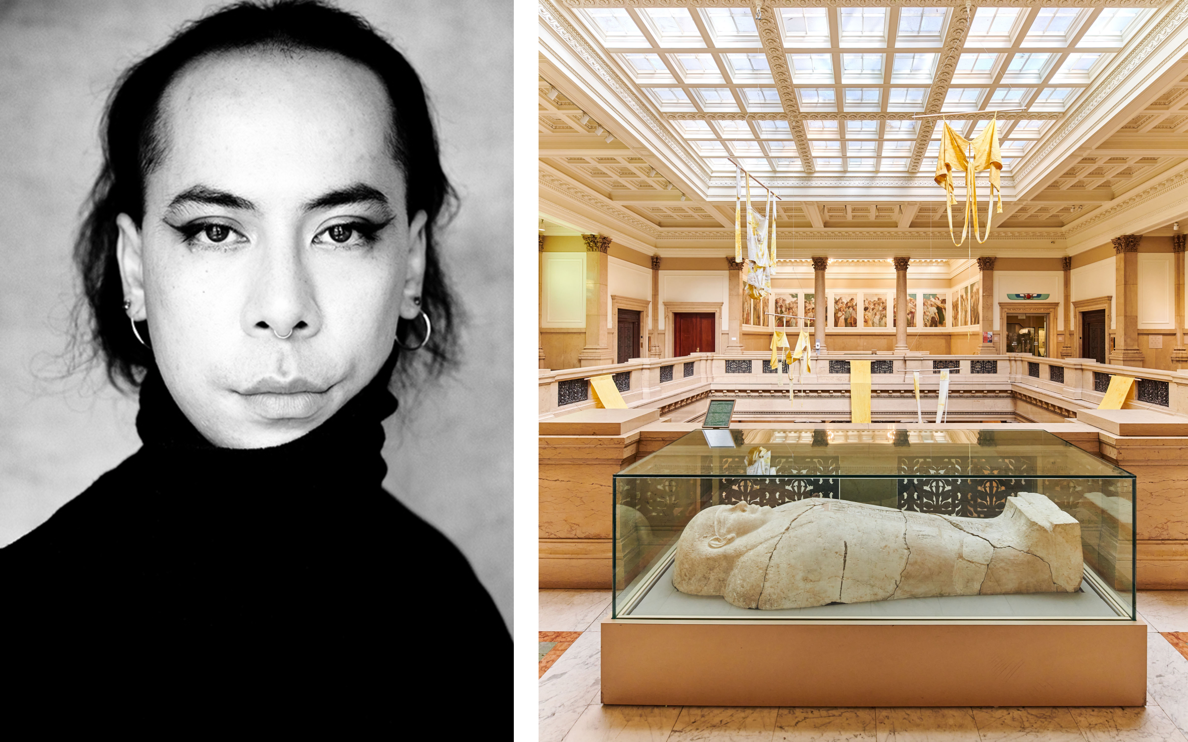 Left: Portrait of Daniel Lie. Photography by Birgit Kleber. Courtesy of the artist, Casa Triângulo, São Paolo, and Galerie Barbara Wien, Berlin. Right: Installation view of Daniel Lie’s Grieving-Secret-Society in 58th Carnegie International, Carnegie Museum of Art, Pittsburgh, USA, 2022. Photography by Dario Lasagni. Courtesy of the artist, Carnegie Museum of Art and Galerie Barbara Wein, Berlin.