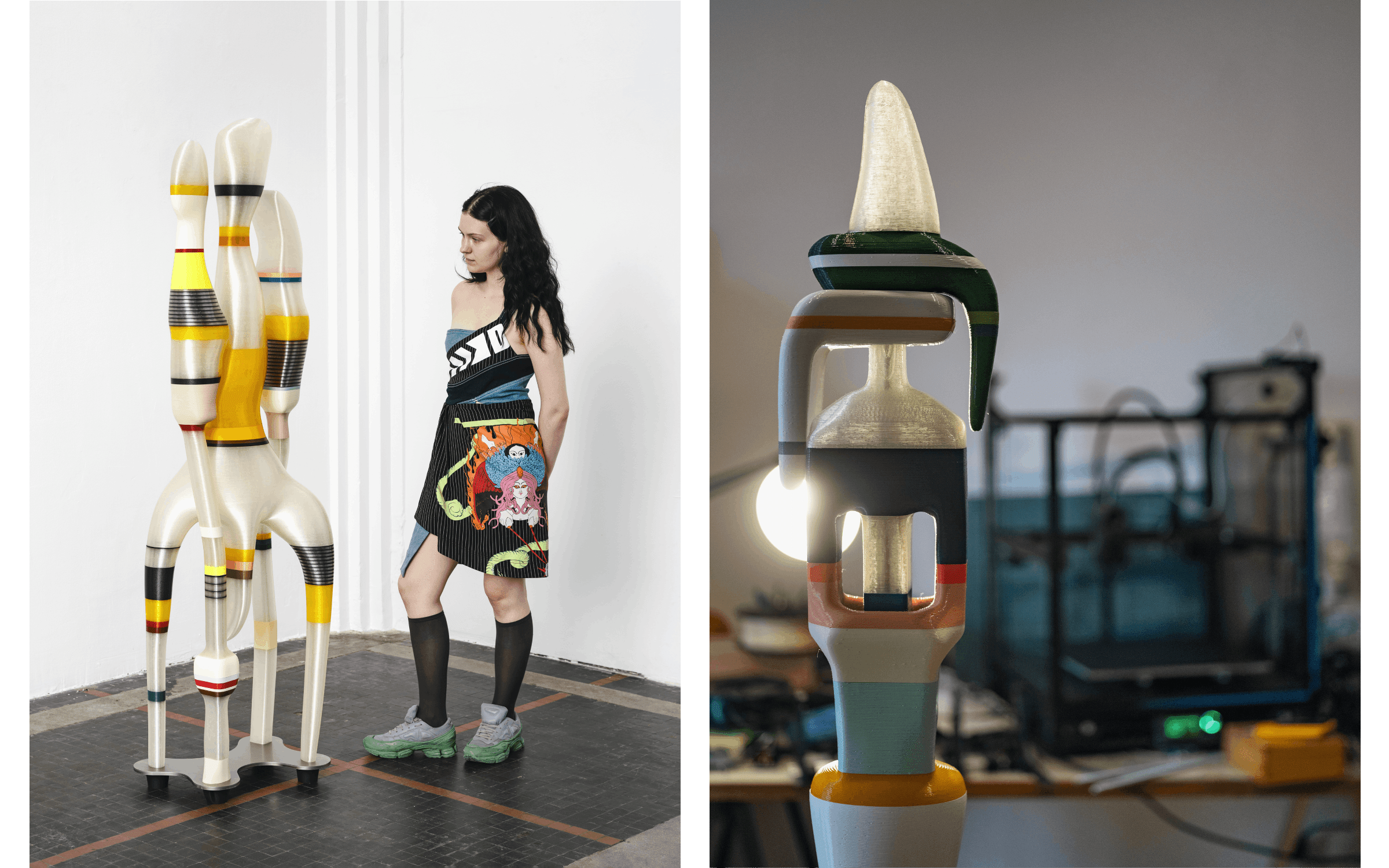 Left: Janek Simon, Meta Folklore v0.3.1. (after Alberto Biasi), 2023. Right: Objects from the "Meta Folklore" series in Janek Simon's studio. Both courtesy of Raster gallery.