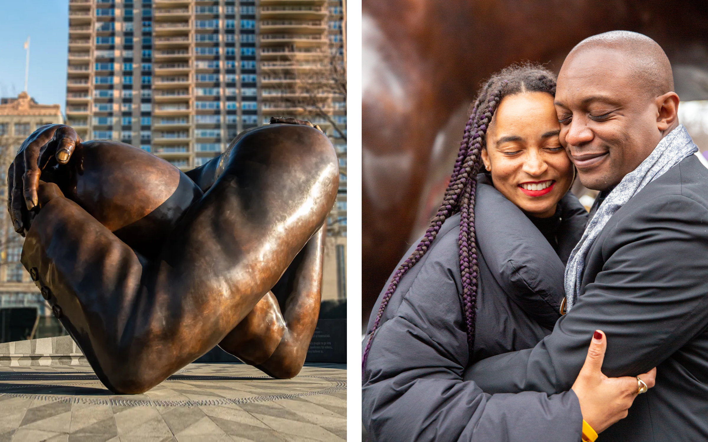 Left: Hank Willis Thomas, The Embrace, 2023; Right: Rujeko Hockley and Hank Willis Thomas. Both courtesy of the artist and Ben Brown Fine Arts.