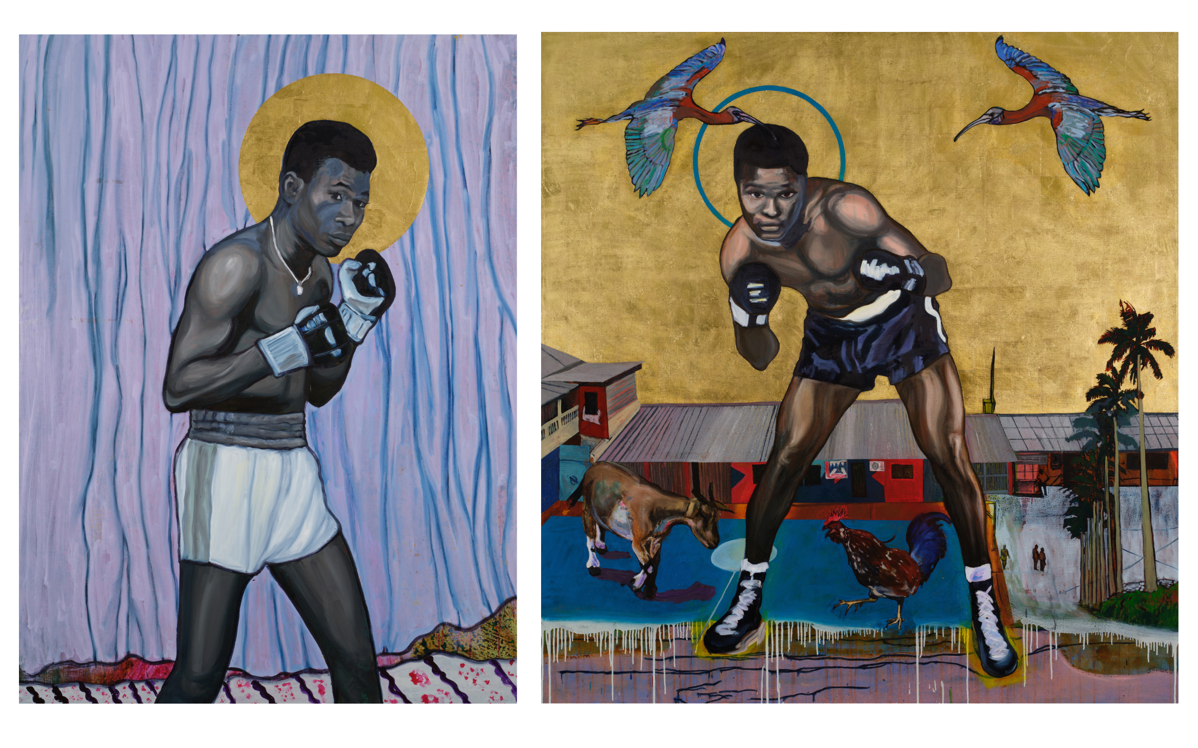 Left: Godfried Donkor, St D. K. Poison, 2023. Courtesy of the artist and Gallery 1957. Right: Godfried Donkor, St Roy Ankrah III, 2023. Courtesy of the artist and Gallery 195. 