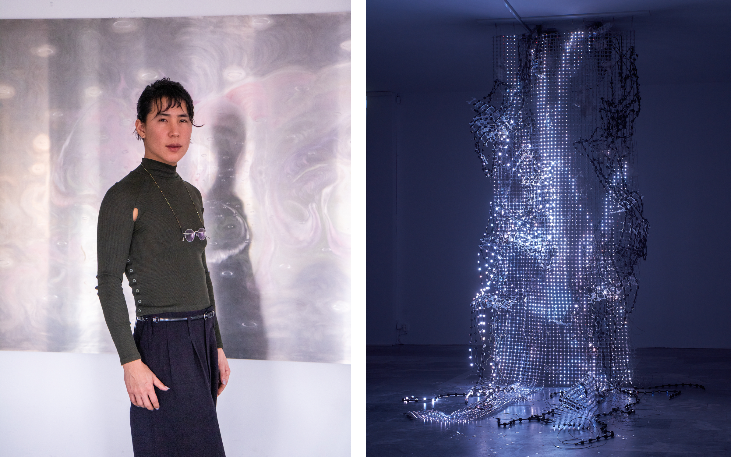 Left: Portrait of WangShui. Photography by Maryam Hoseini. Right: WangShui, Weak Pearl, 2019. Photography by Alwin Lay. Courtesy of the artist and Julia Stoschek Collection. 