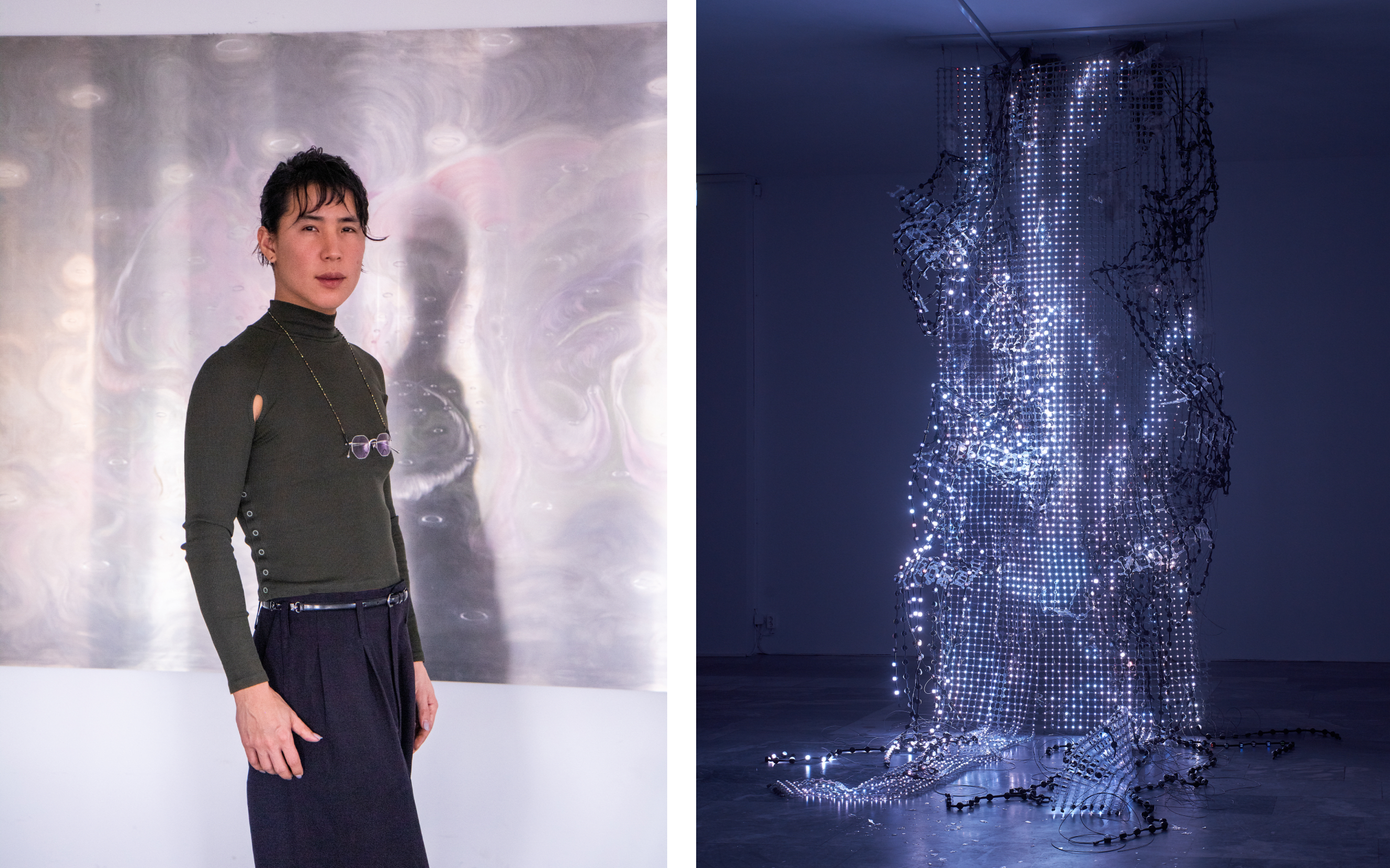 Left: Portrait of WangShui. Photography by Maryam Hoseini. Right: WangShui, Weak Pearl, 2019. Photography by Alwin Lay. Courtesy of the artist and Julia Stoschek Collection.