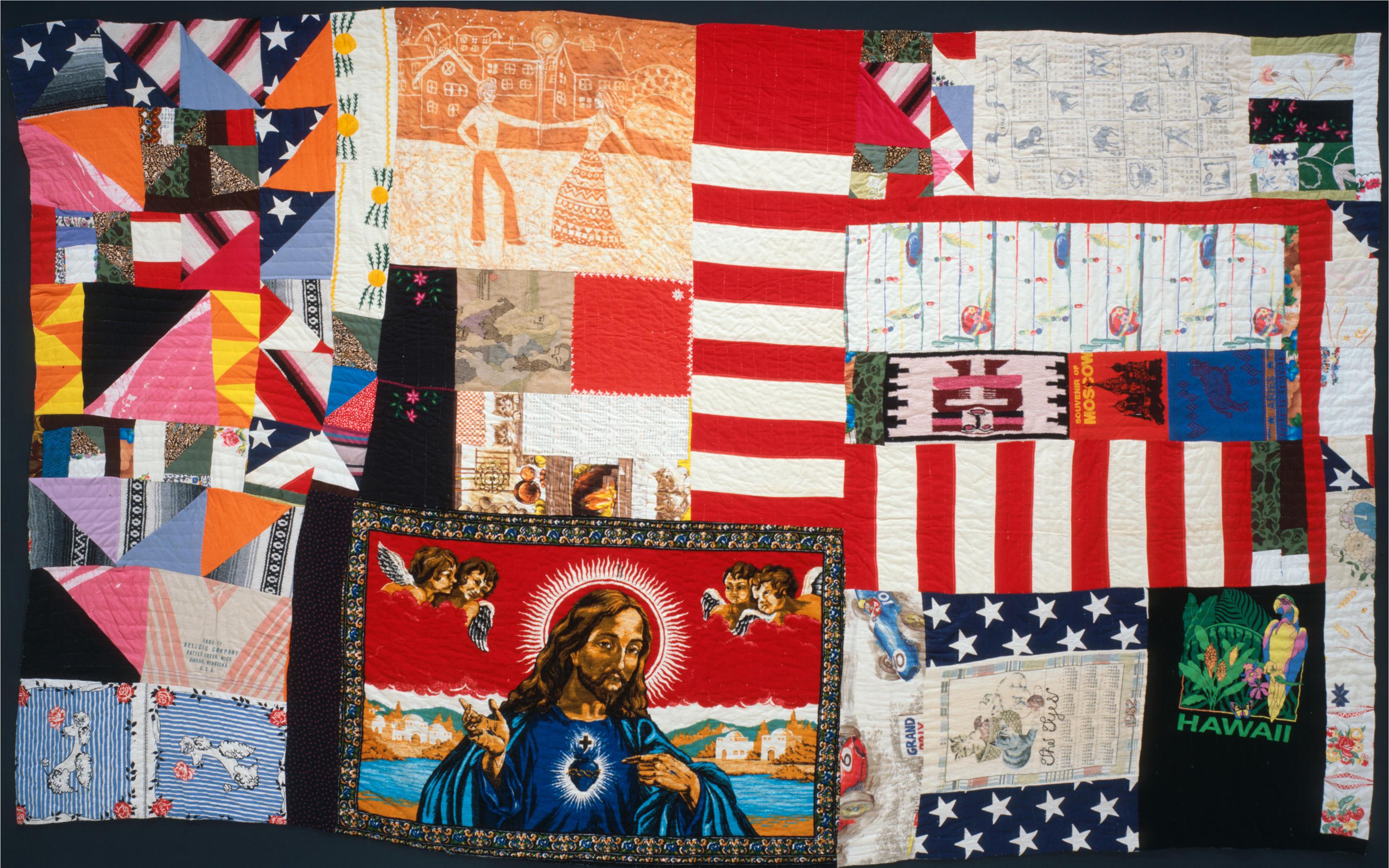 An untitled fabric collage-quilt by Rosie Lee Tompkins, 1996, chosen by curator Lynn Cooke for 'Outliers and American Vanguard Art.' Photo by Sharon Risedorph, courtesy of the Eli Leon Trust.
