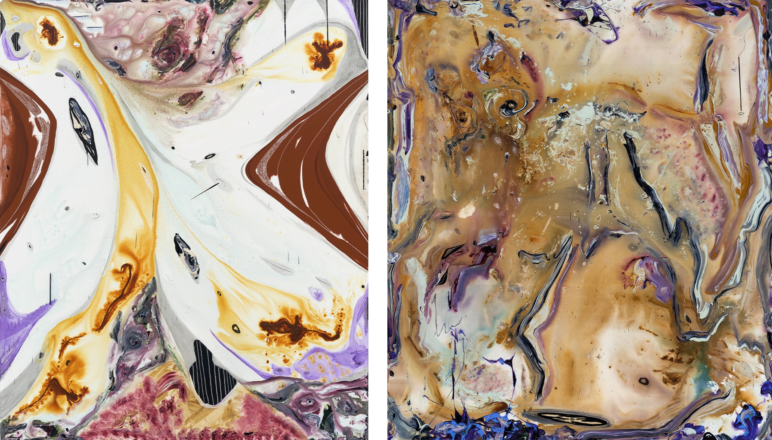 Both artworks by Manuel Mathieu, courtesy of the artist and Pilar Corrias, London. Left: The Birth of Nature 2, 2022. Right: JJ, 2022.