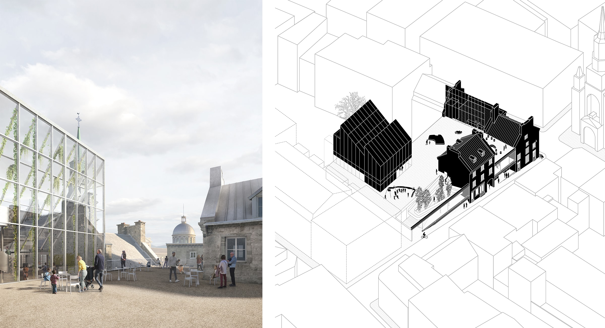 PHI Contemporary in Montreal. Left: Kuehn Malvezzi + Pelletier de Fontenay. Visualization: Secchi Smith. Right: Axonometric Drawing: Kuehn Malvezzi + Pelletier de Fontenay.