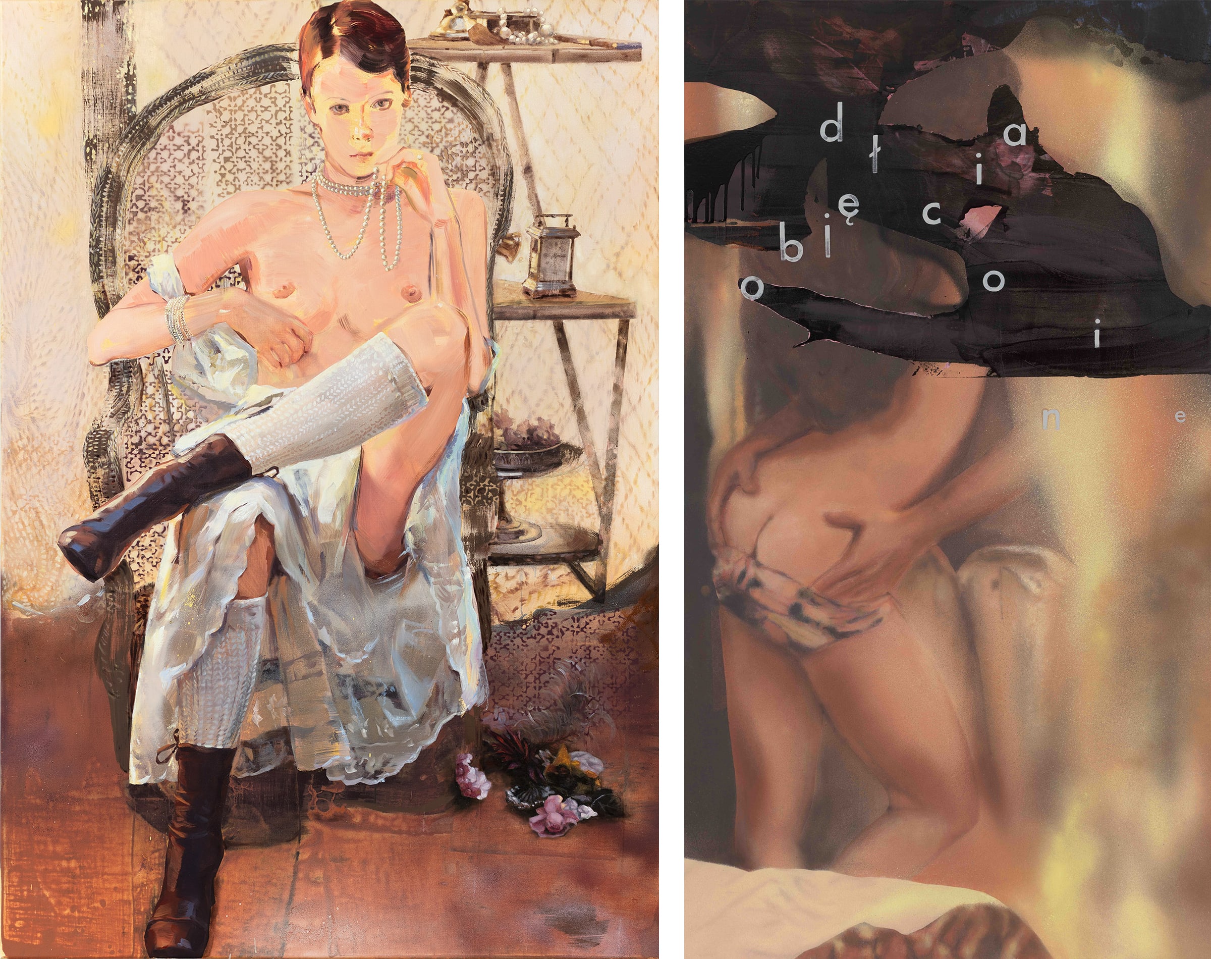 Works by Paulina Olowska. Left: Loveress, 2020. Right: Embrace, 2018.