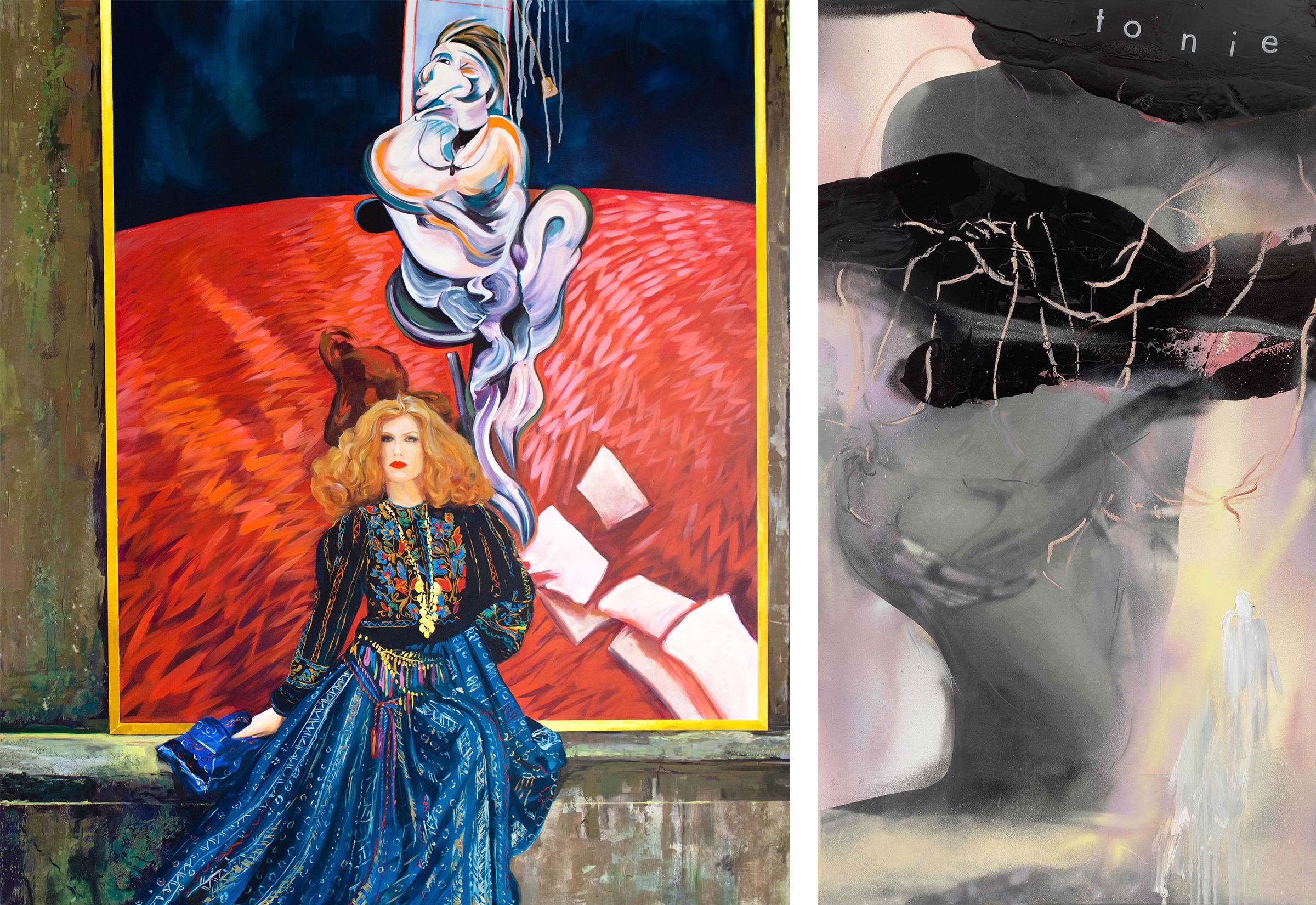 Works by Paulina Olowska. Left: The Revenge of the Wise Woman, 2011. Right: Drowning, 2018.