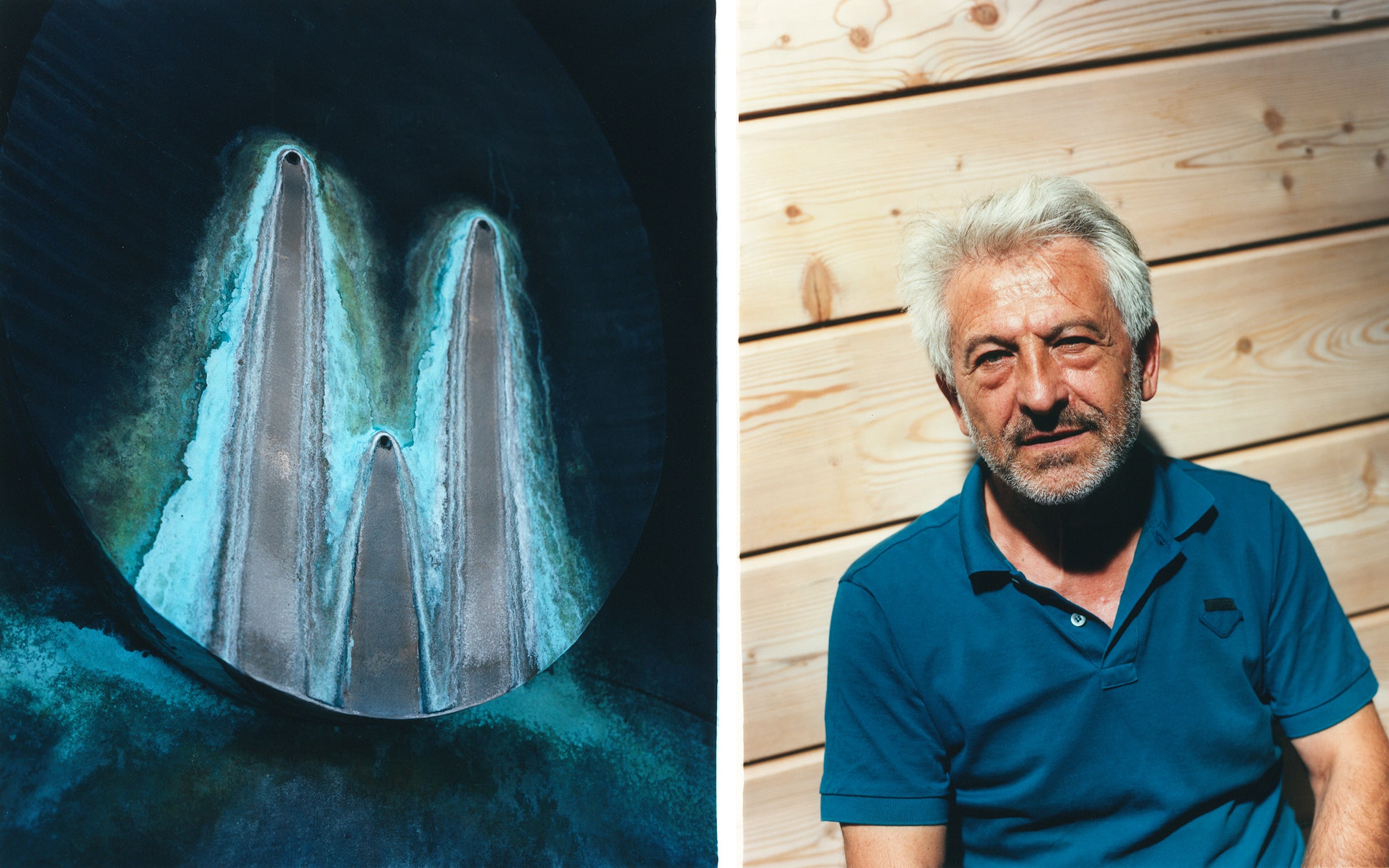 Left: Detail of Thomas Schütte's Weinende Frau (1997) installed in Chagny's city center thanks to Pietro Spartà. Right: The gallerist in front of Thomas Schütte's work Spartà Hut, September 2022. Photo by Louis Canadas for Paris+ par Art Basel.