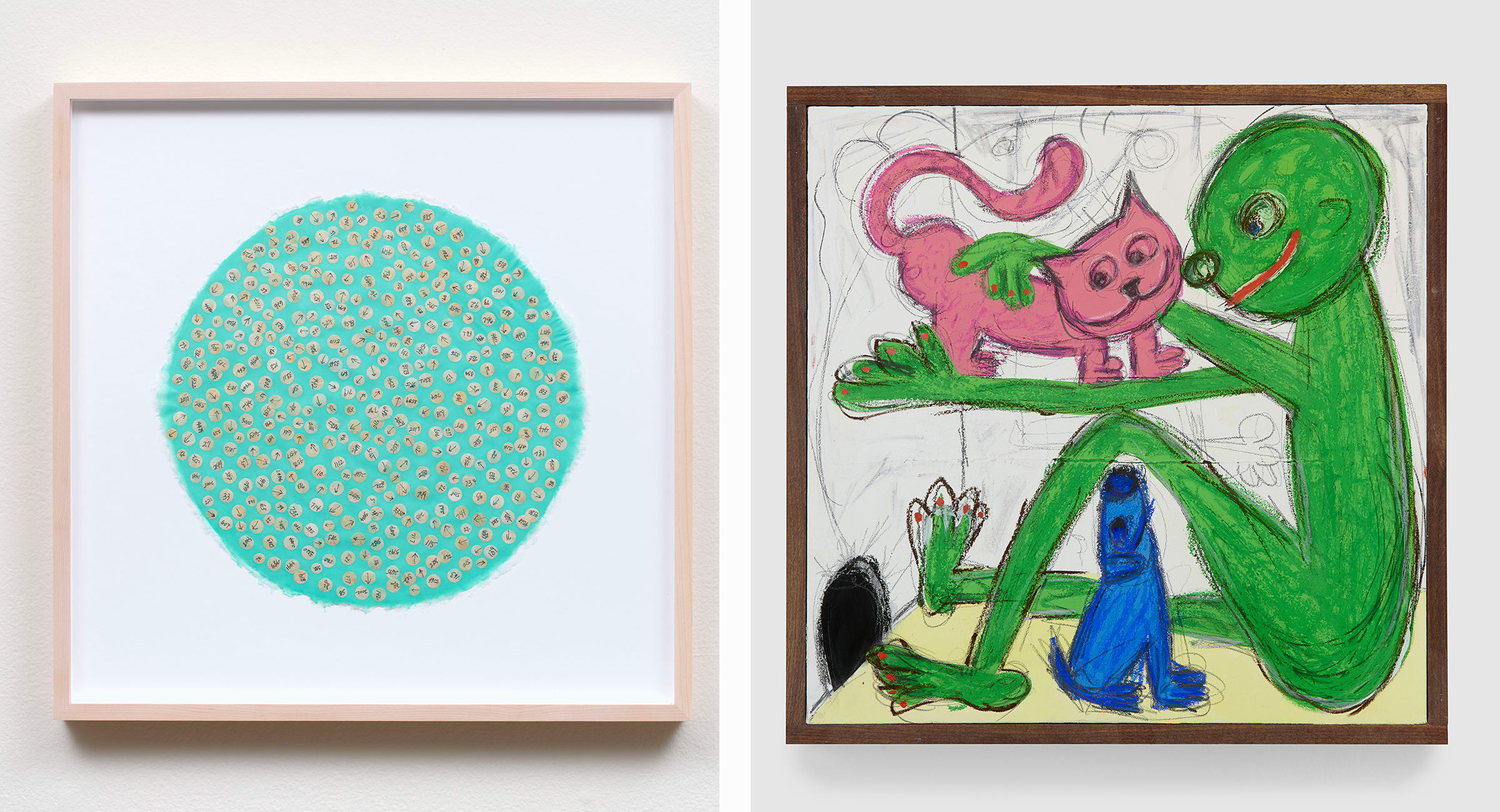 Left: Howardena Pindell, Untitled #24, 2021. Courtesy the artist and Garth Greenan Gallery, New York. Photograph by Paul Salveson. Right: Hadi Falapishi, Mousehole #3, 2023. Courtesy of the Artist and Andrew Kreps Gallery.