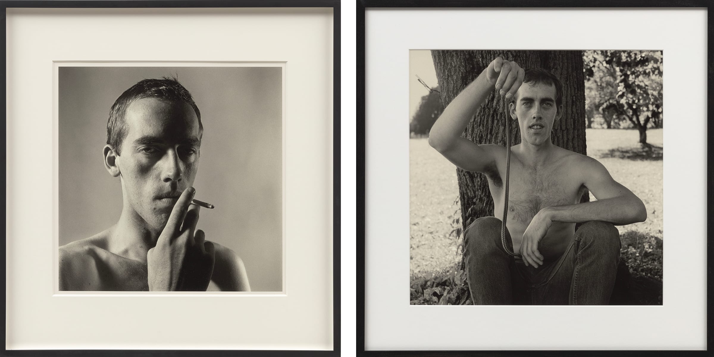Left: Peter Hujar, David Wojnarowicz Smoking, 1981. Right: Peter Hujar, David Wojnarowicz with a Snake, 1981.