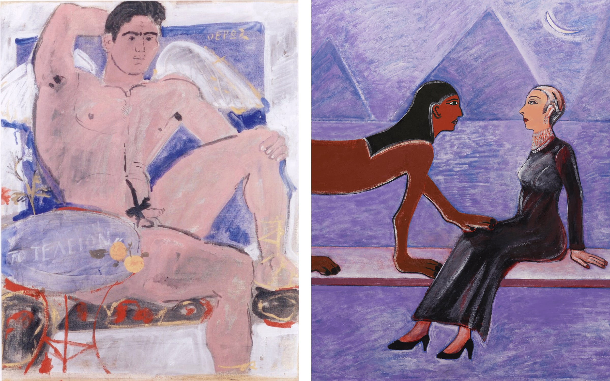 Left: Yannis Tsarouchis, To Telion, 1967 © Yannis Tsarouchis Foundation, courtesy of Blum & Poe, the Irene Panagopoulos Collection, Athens, and Kalfayan Galleries. Right: Joan Brown, Woman and Sphinx #1, 1977 © Joan Brown Estate, courtesy of the Estate, Blum & Poe, and Matthew Marks Gallery.
