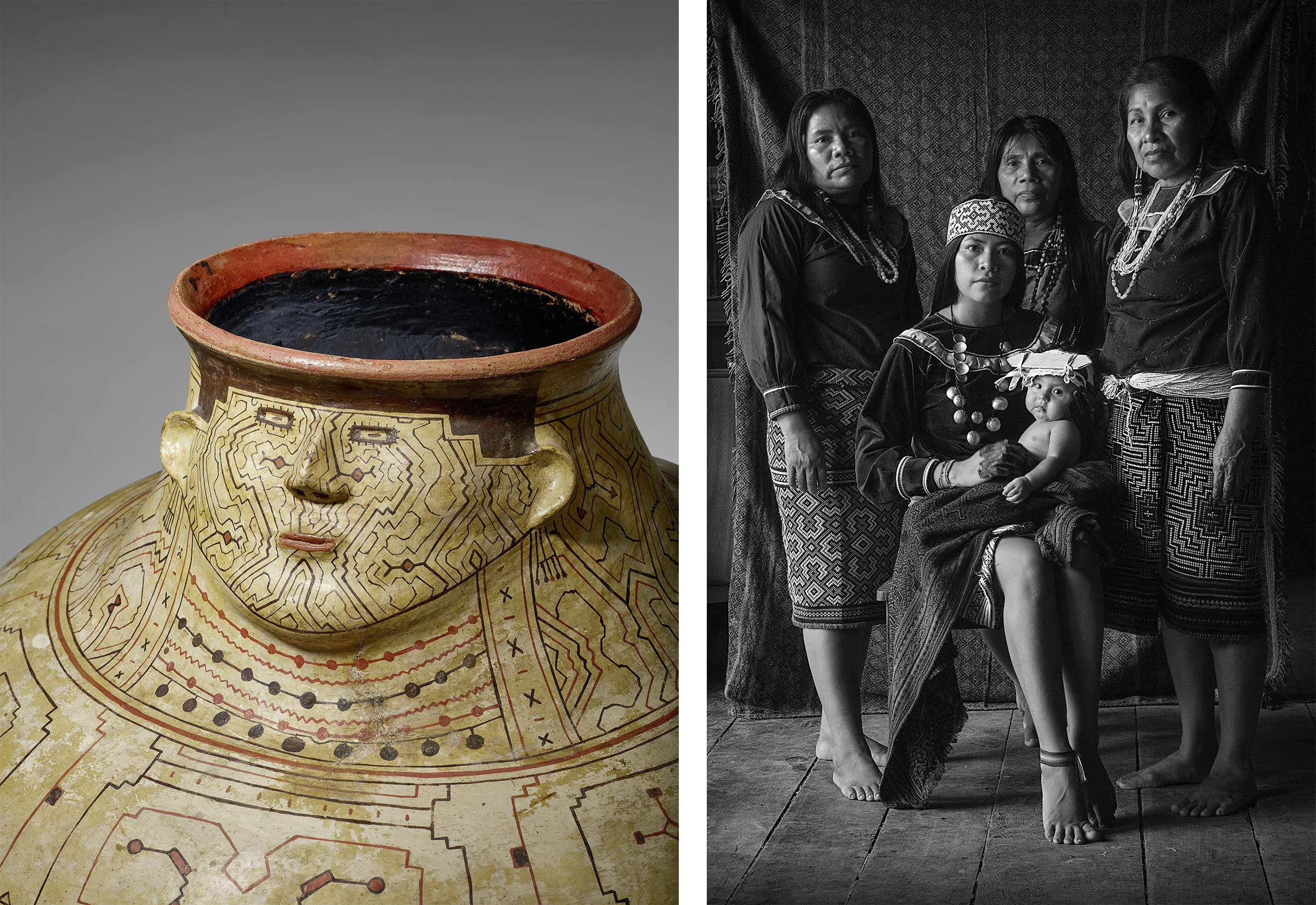 Left: Jar, Peru, Shipibo-Konibo. Private collection. © Photograph by Pauline Guyon, Musée du quai Branly - Jacques Chirac. Right: David Díaz Gonzales / Isá Rono, Shipibo-Konibo women surround a mother with a baby in her arms, 2022. © David Díaz Gonzales.