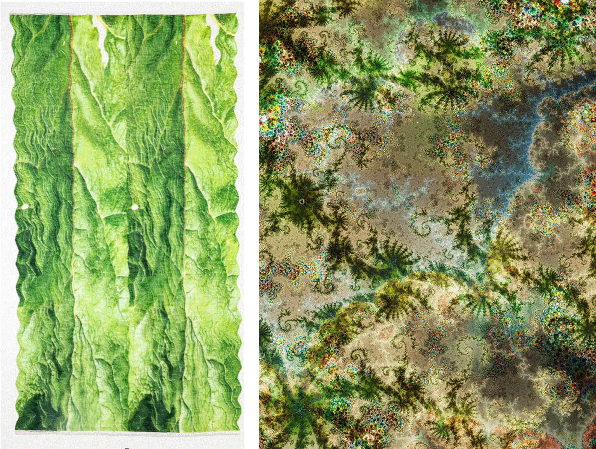 Left: Alice Channer, Soft Sediment Deformation, Photosynthesising Body (Double S t r e t c h e d Fleshy), 2022. Courtesy of the artist and Konrad Fischer Galerie. Right: Thomas Ruff, d.o.p.e. 09 II, 2022. Courtesy of the artist and Konrad Fischer Galerie.