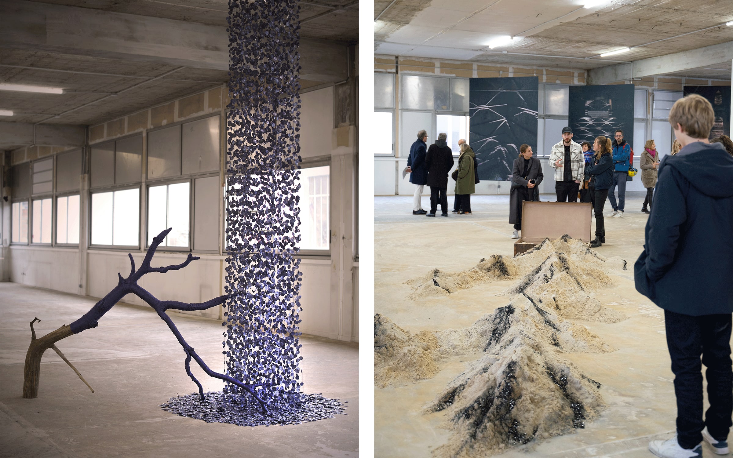 Left: Installation view of Camila Rodriguez Triana’s artworks, Poush, Aubervilliers. Courtesy of the artist and Poush. Right: Installation view of Ismaël Bazri’s artworks, Poush, Aubervilliers, 2023. Courtesy of the artist and Poush.