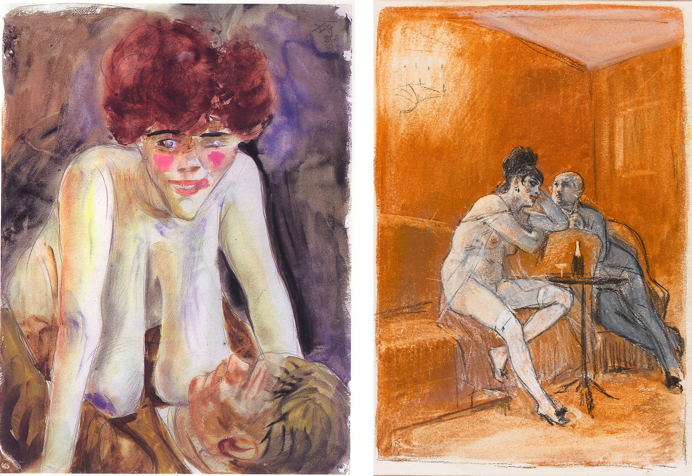From left to right: Otto Dix, Paar (Couple), 1926. Félicien Rops, Cherub's Song, circa 1878. 