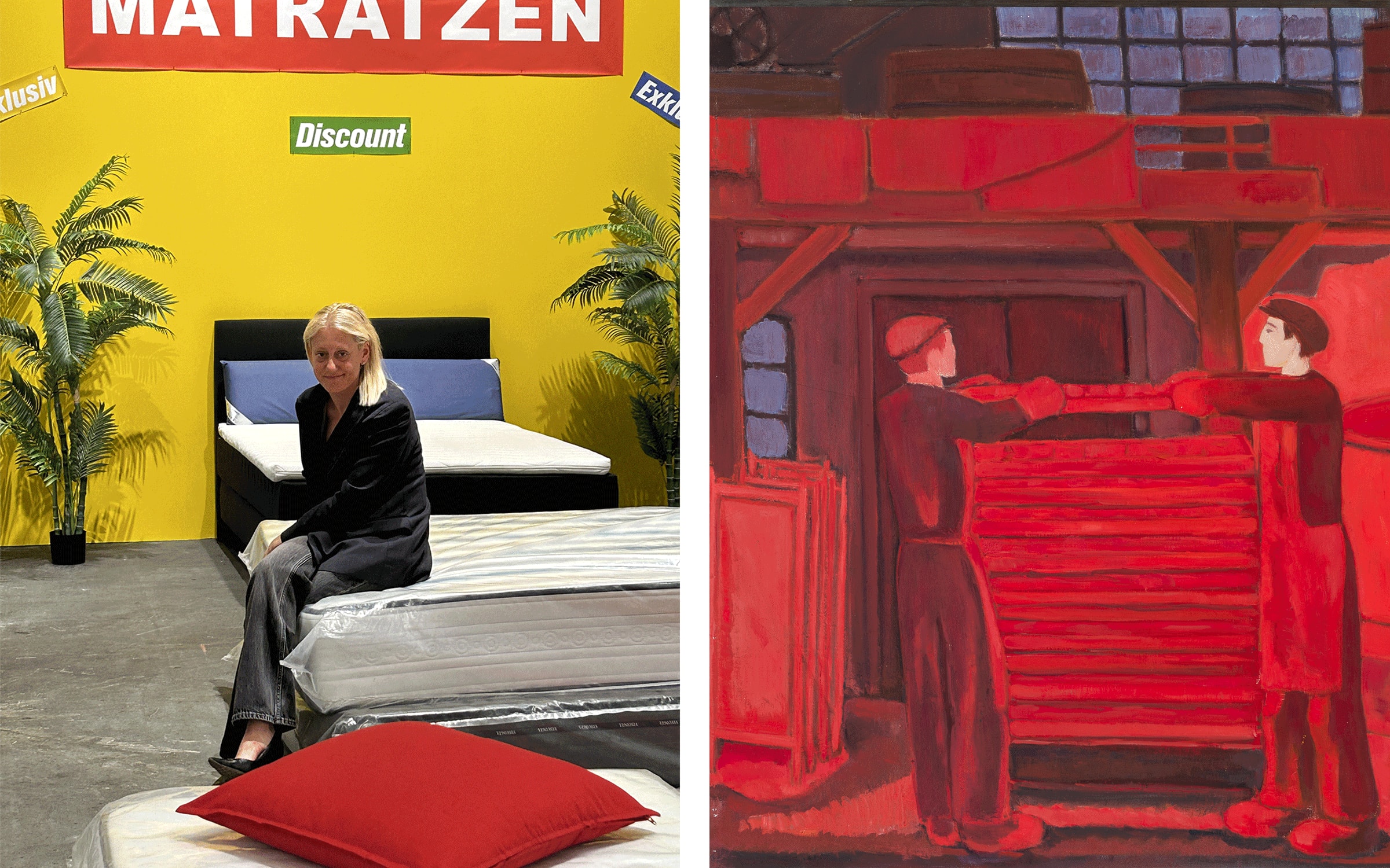 Left: Meredith Rosen in the installation by Guillaume Bijl, presented by Meredith Rosen Gallery and Galerie Nagel Draxler in the Unlimited sector of Art Basel in Basel 2023. Right: Detail of a painting by Rudolf Maeglin, whose works will be shown by Meredith Rosen Gallery during Art Basel Miami Beach 2023. Courtesy of Meredith Rosen Gallery.