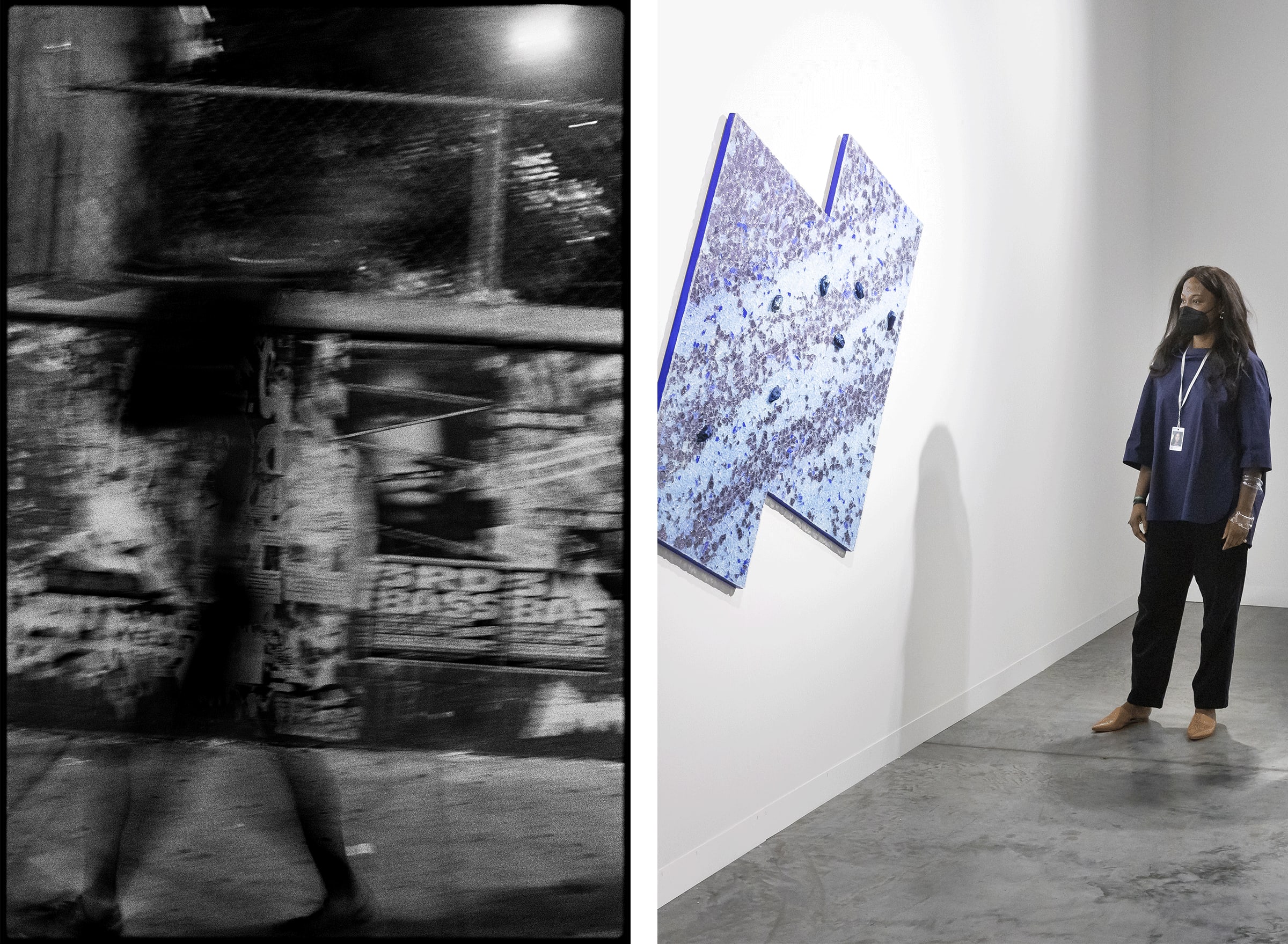 Left: Ming Smith, August Blues (Harlem, New York), 1991. © [2023] Ming Smith / Artists Rights Society (ARS), New York. Courtesy of the artist and Nicola Vassell. Right: Nicola Vassell looking at an artwork by Alteronce Gumby in her booth in the Nova sector of Art Basel Miami Beach 2021.