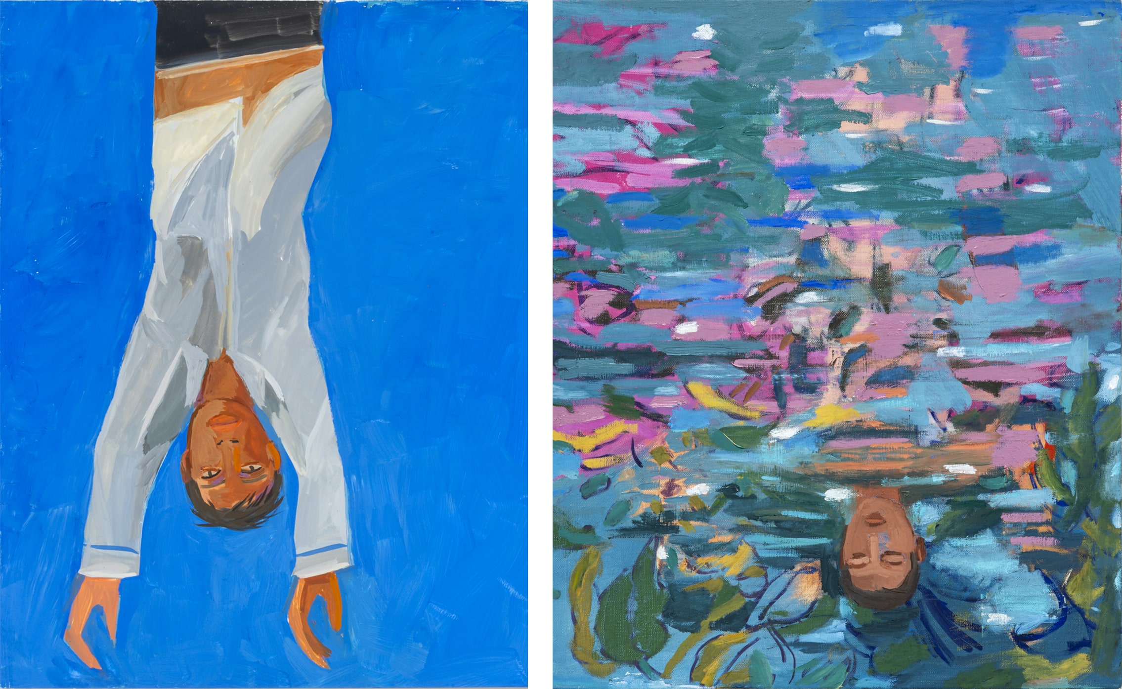 Left: Roberto Gil de Montes, Falling, 2021. Right: Narciso, 2023. Image courtesy of the artist and kurimanzutto.