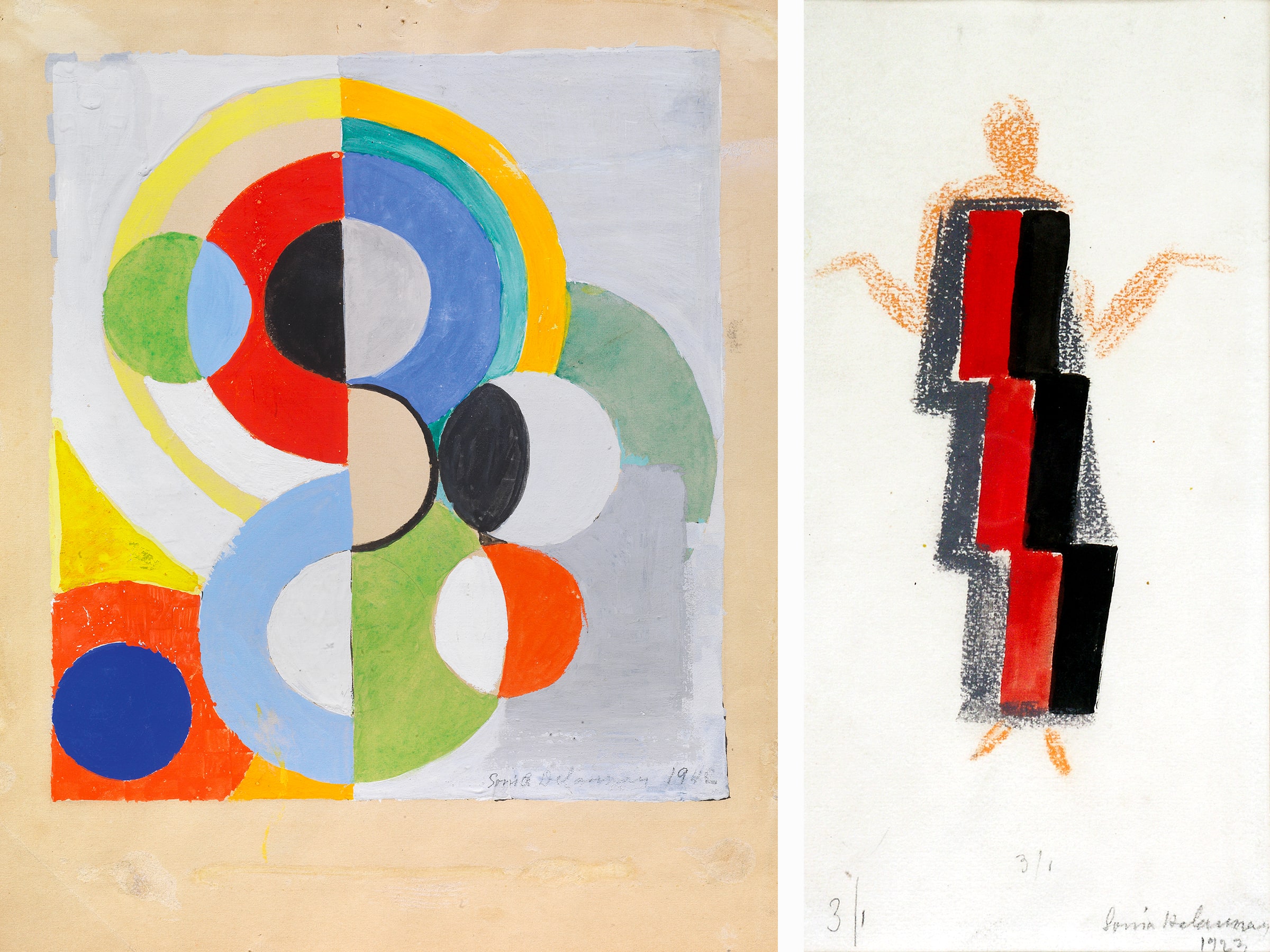 Left: Rythme, 1942. Right: Projet de robe. Both artworks by Sonia Delaunay. Copyright : Pracusa 20210319. Courtesy Galerie Zlotowski.