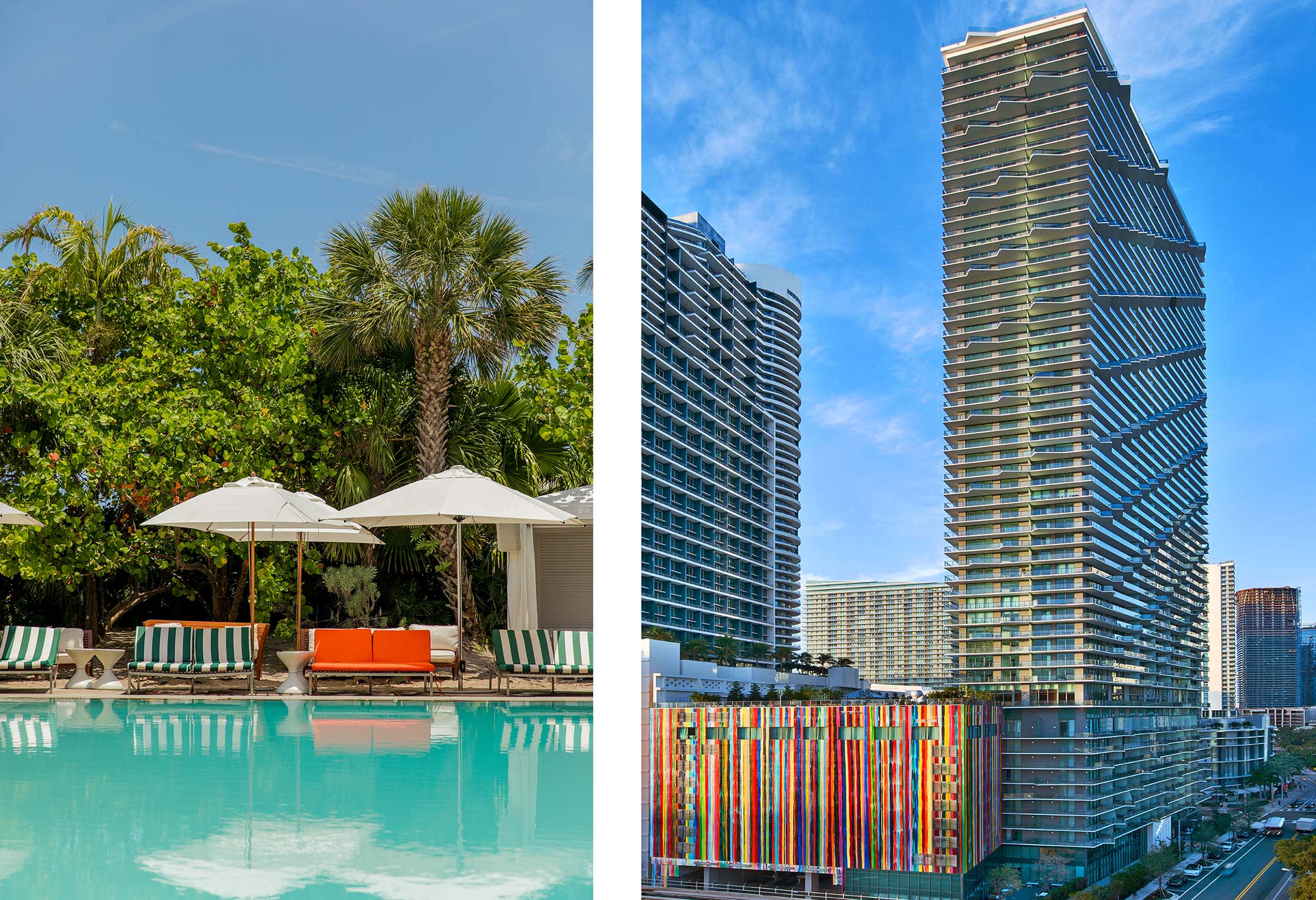 Left: Hyde Beach pool at SLS South Beach. Right: SLS Brickell Hotel & Residences.