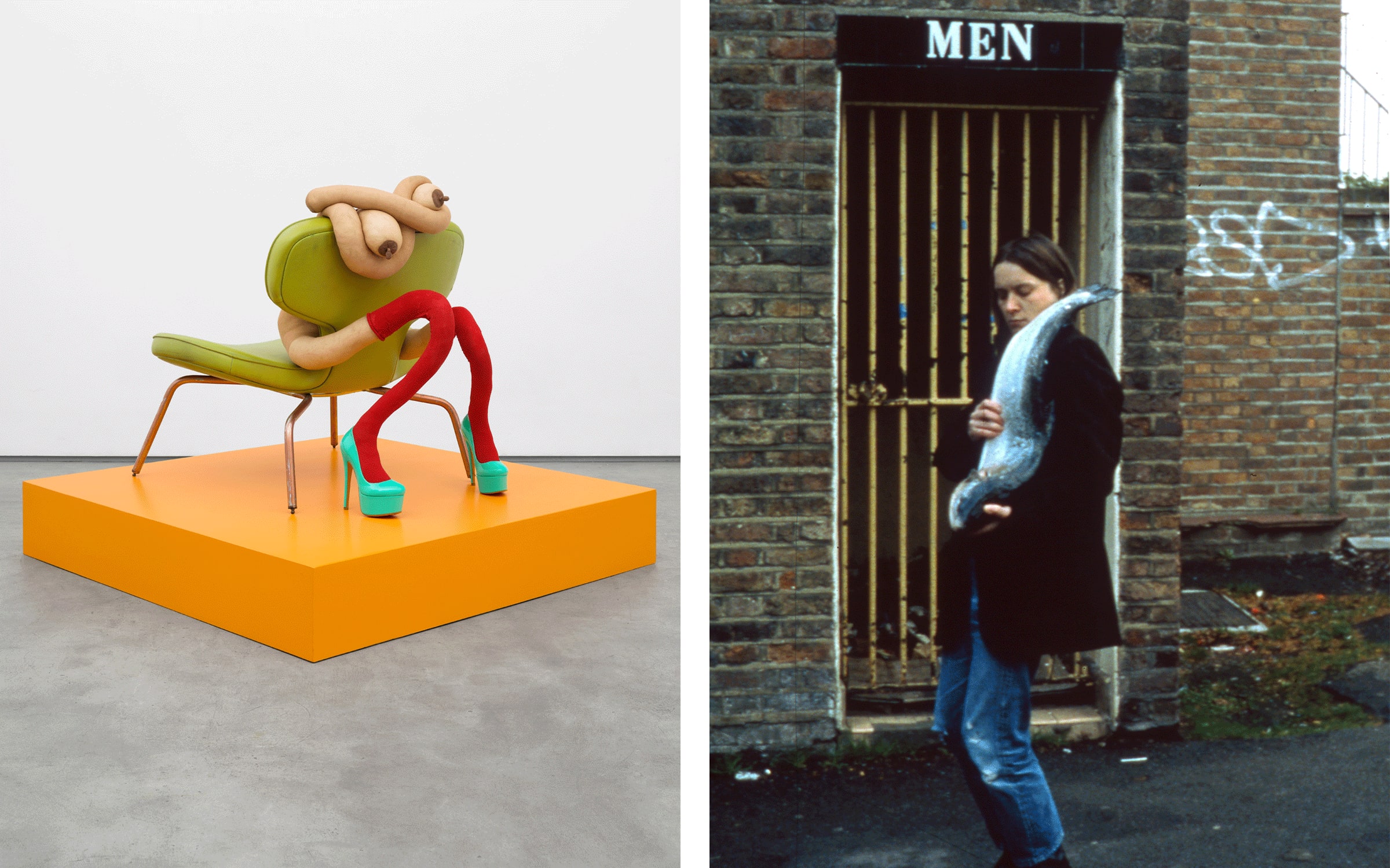 Left: Sarah Lucas, OOPS!, 2019. Photograph by Eva Herzog. © Sarah Lucas, courtesy of Sadie Coles HQ, London. Right: Sarah Lucas, Got A Salmon On #1, 1997 © Sarah Lucas, courtesy of Sadie Coles HQ, London.