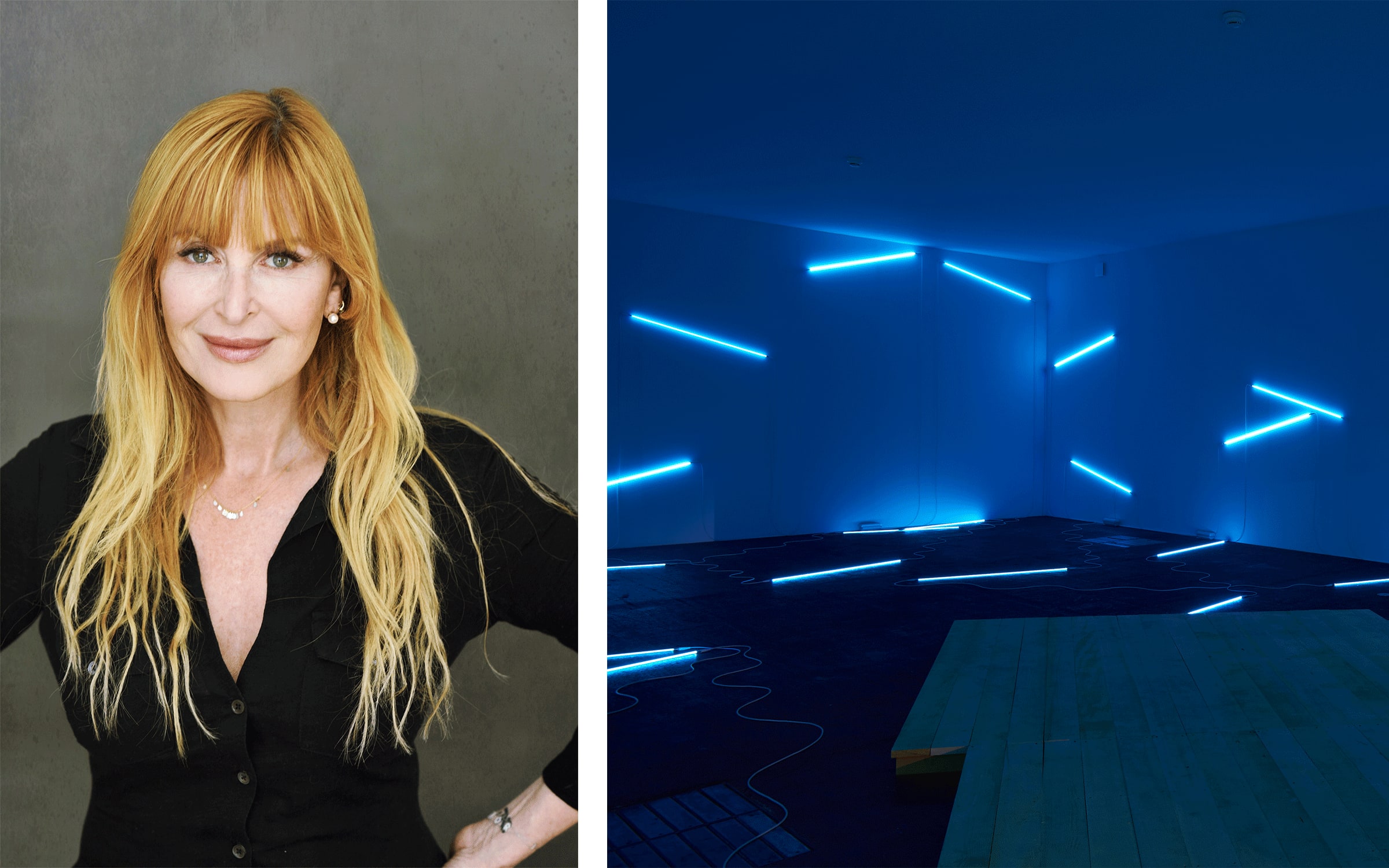 Left: Sandra Hegedüs © Photograph by Sylvia Galmot. Right: Installation view of an artwork by François Morellet and Tadashi Kawamata, presented by Mennour in the Unlimited sector at Art Basel in Basel 2023.