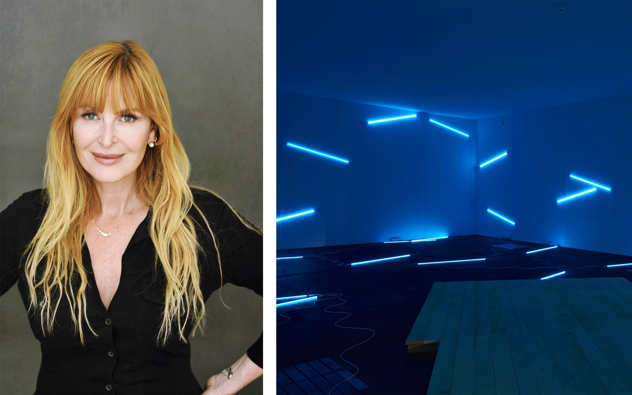 Left: Sandra Hegedüs © Photograph by Sylvia Galmot. Right: Installation view of an artwork by François Morellet and Tadashi Kawamata, presented by Mennour in the Unlimited sector at Art Basel in Basel 2023.