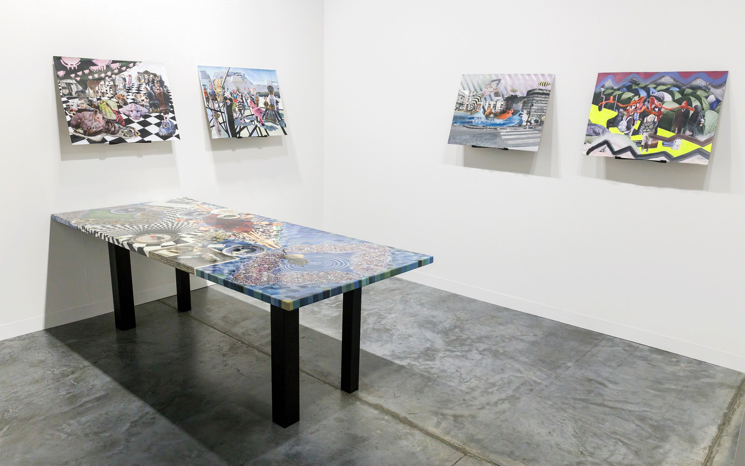 Installation view of artworks by Ramin Haerizadeh, Rokni Haerizadeh, and Hesam Rahmanian, presented by Galerie Krinzinger in the Kabinett sector at Art Basel Miami Beach 2019.