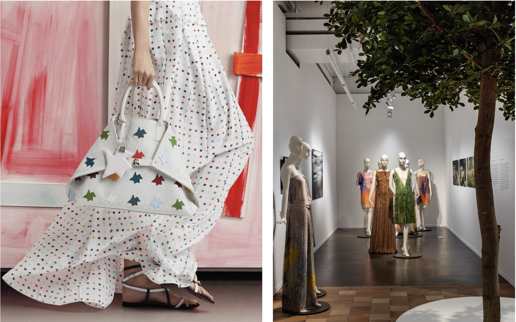 Left: Akris, Albert Kriemler x Imi Knoebel, multicolor Kinderstern, print, Ai medium messenger bag (foreground), Imi Knoebel, Ohayo, 1999 (background), Lookbook, Spring/Summer 2021. Photograph by Timothy Schaumburg © Akris. Right: Installation view of the exhibition ‘Akris. Fashion. selbstverständlich’, Museum für Gestaltung, Zürich, 2023. Photograph by Regula Bearth. © ZHdK