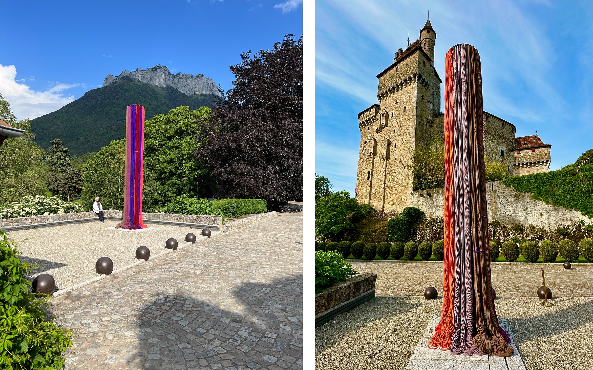 Sheila Hicks, VERS DES HORIZONS INCONNUS, 2023. Installation view of ‘Légendes Botaniques - Biennale d’Art Contemporain’ at Château de Menthon-Saint-Bernard, Lac d’Annecy, France. Photograph by Itaka Martignoni. Courtesy of the artist, galerie frank elbaz, Meyer Riegger and galleria Massimo Minini.