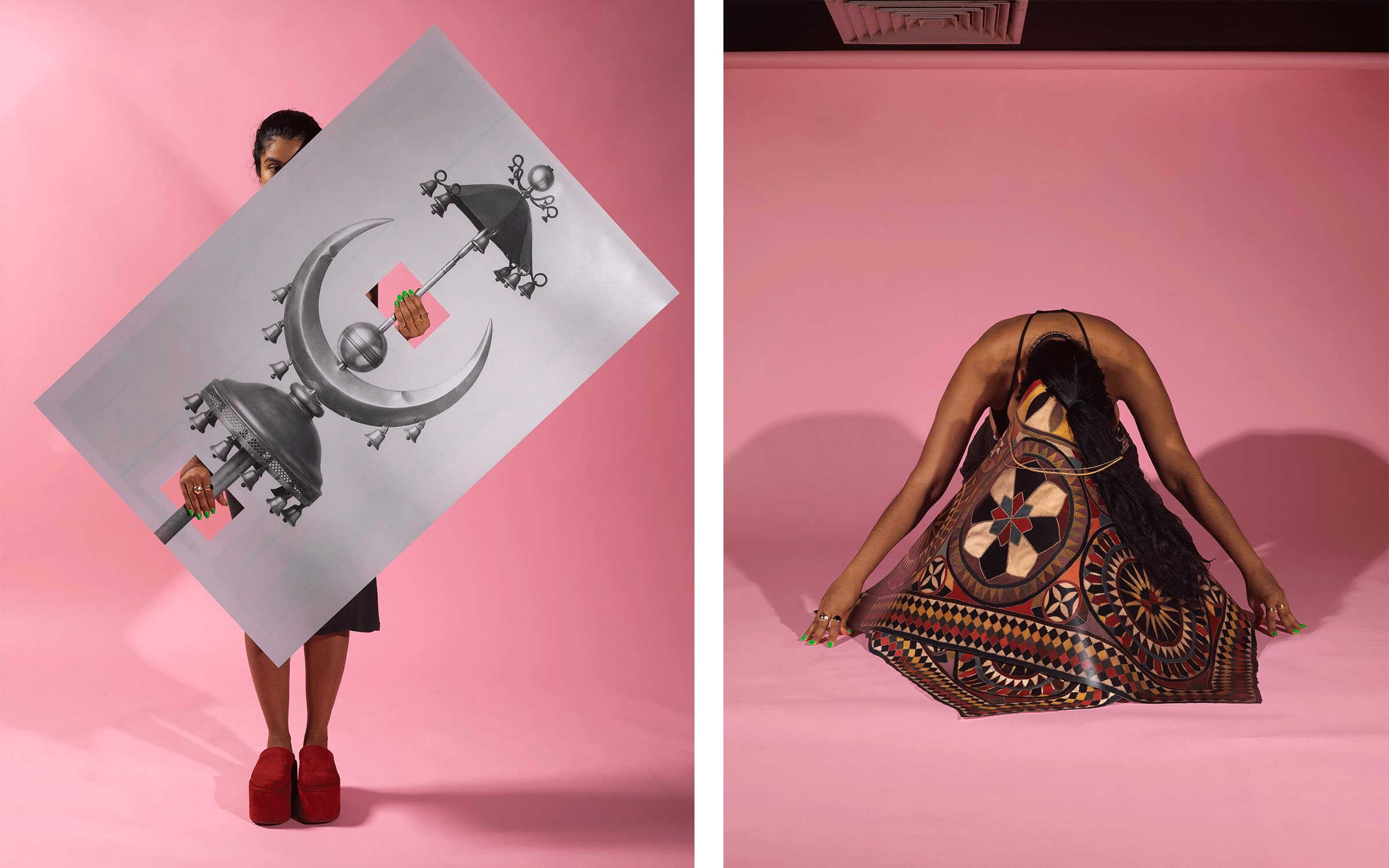 Left: Baseera Khan, Processional in Turkey, Pink, 2023. Courtesy of the artist and Simone Subal Gallery. Right: Baseera Khan, Tent Square, Pink, 2023. Courtesy of the artist and Simone Subal Gallery.