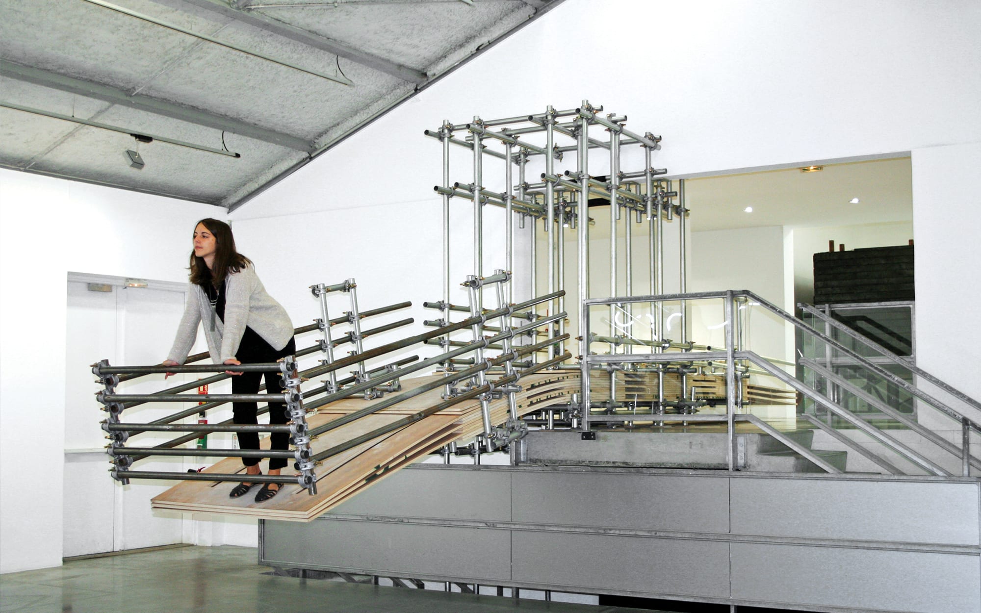 Metasbilad, 2015, phenolic panels, metal tubes, and scaffolding clamps, installation view in 'My Buenos Aires, La Maison Rouge' at the Fondation Antoine de Galbert, Paris. Courtesy of the artist.