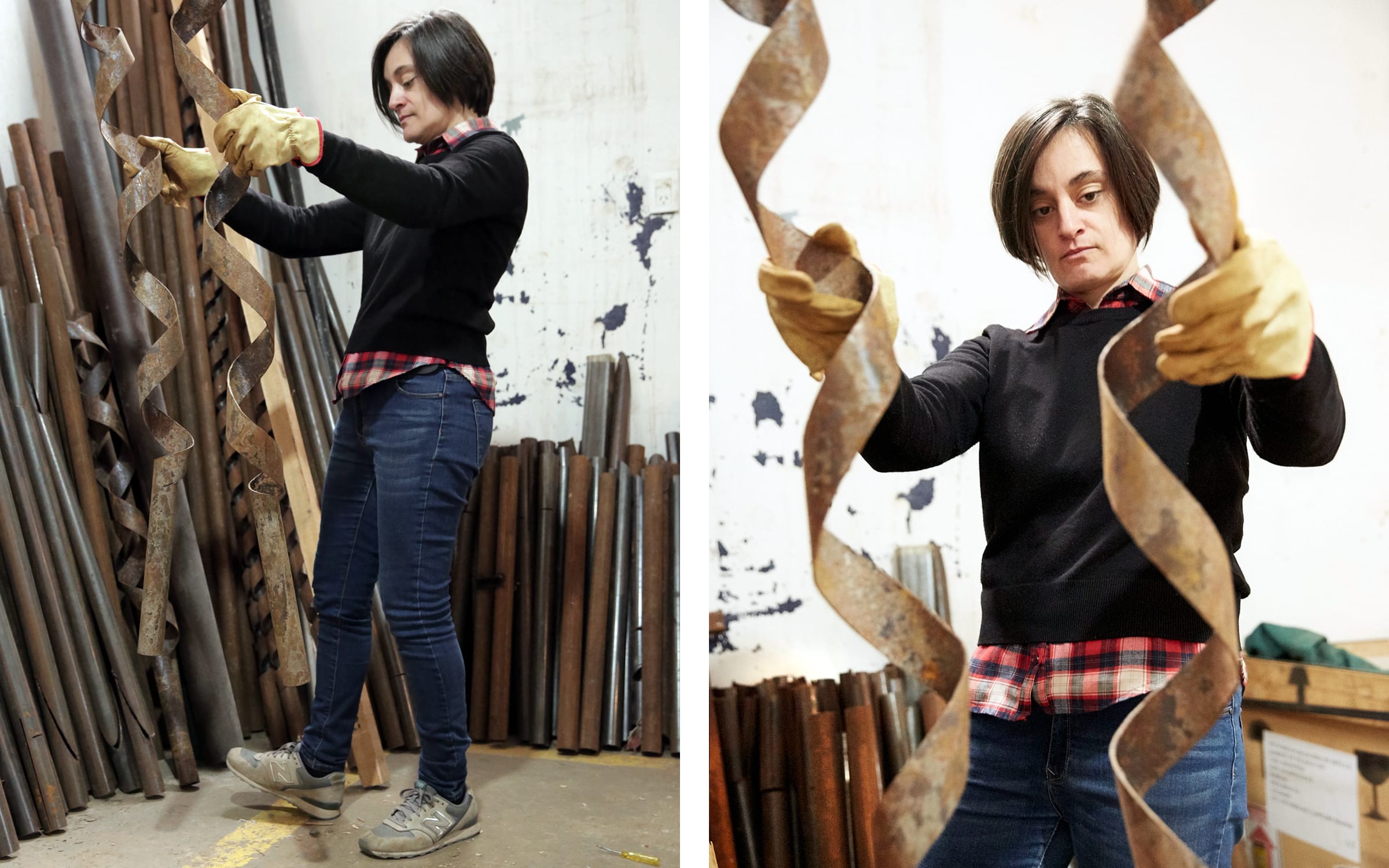 The artist, who often works with construction materials, examines metal components in her studio. Photos by Mani Gatto.