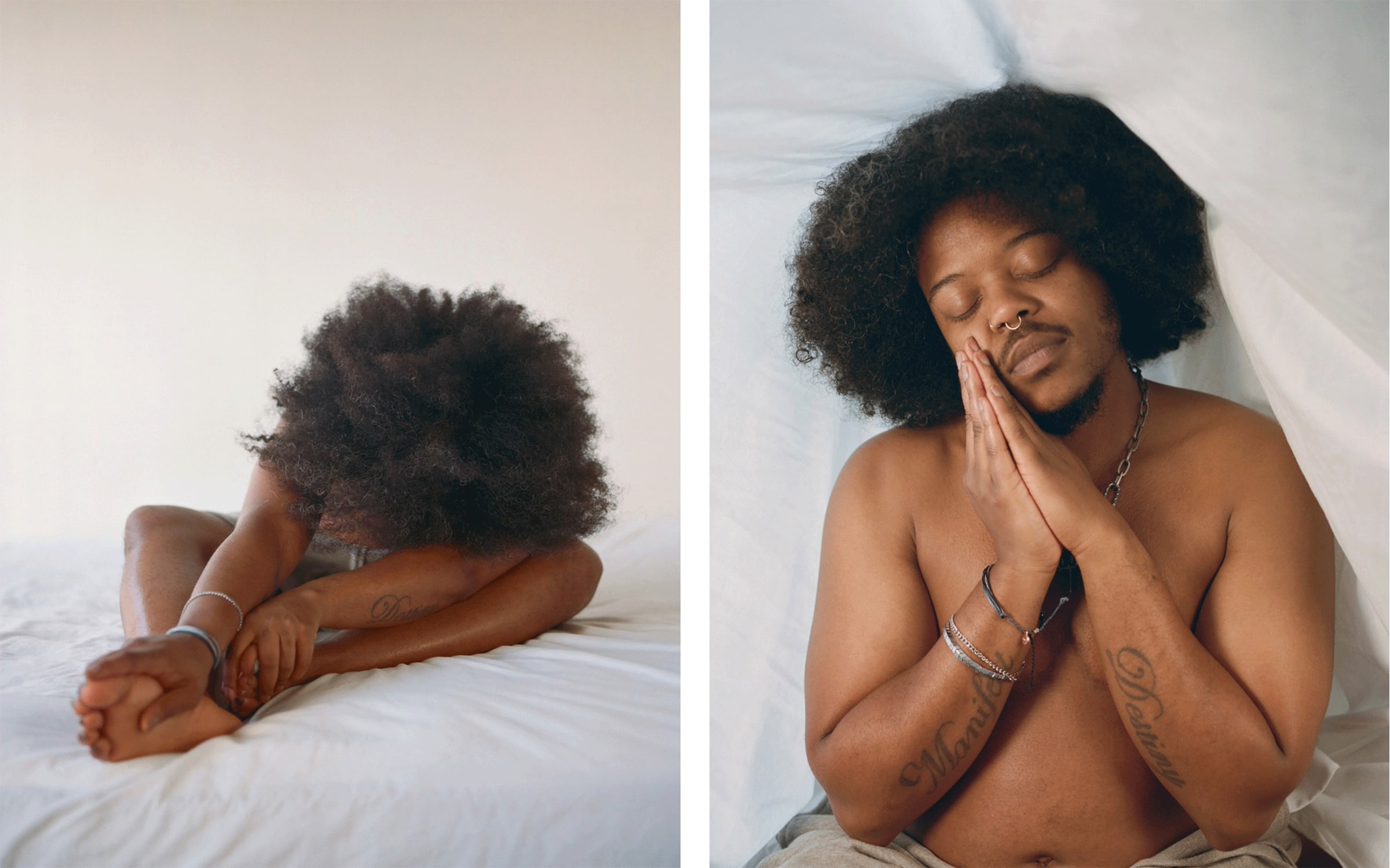 Photographs by Texas Isaiah, from the series ’It’s the Starkness of the Day’, 2023. Courtesy of the artist and Residency Art Gallery. Left: A Recollection: My Grandson’s Stretch. Right: Prologue: My Grandson’s Prayer.
