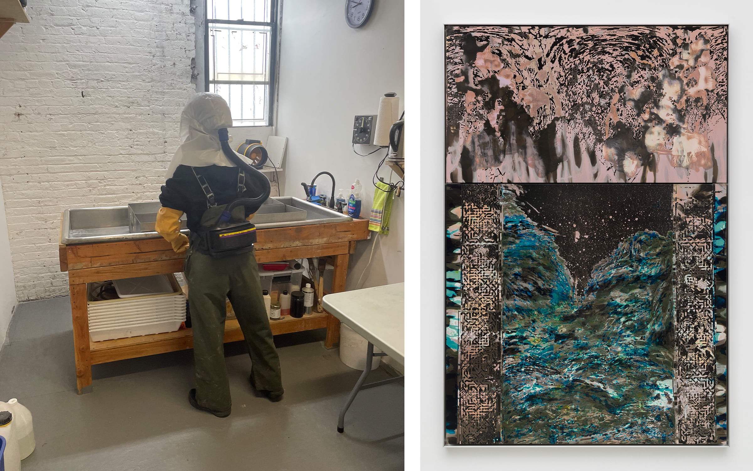 À gauche: Antonia Kuo dans son atelier. À droite: Antonia Kuo, Fugue, 2023. Avec l'aimable permission de l'artiste et de Chapter NY. Photographie de l'œuvre de Charles Benton.