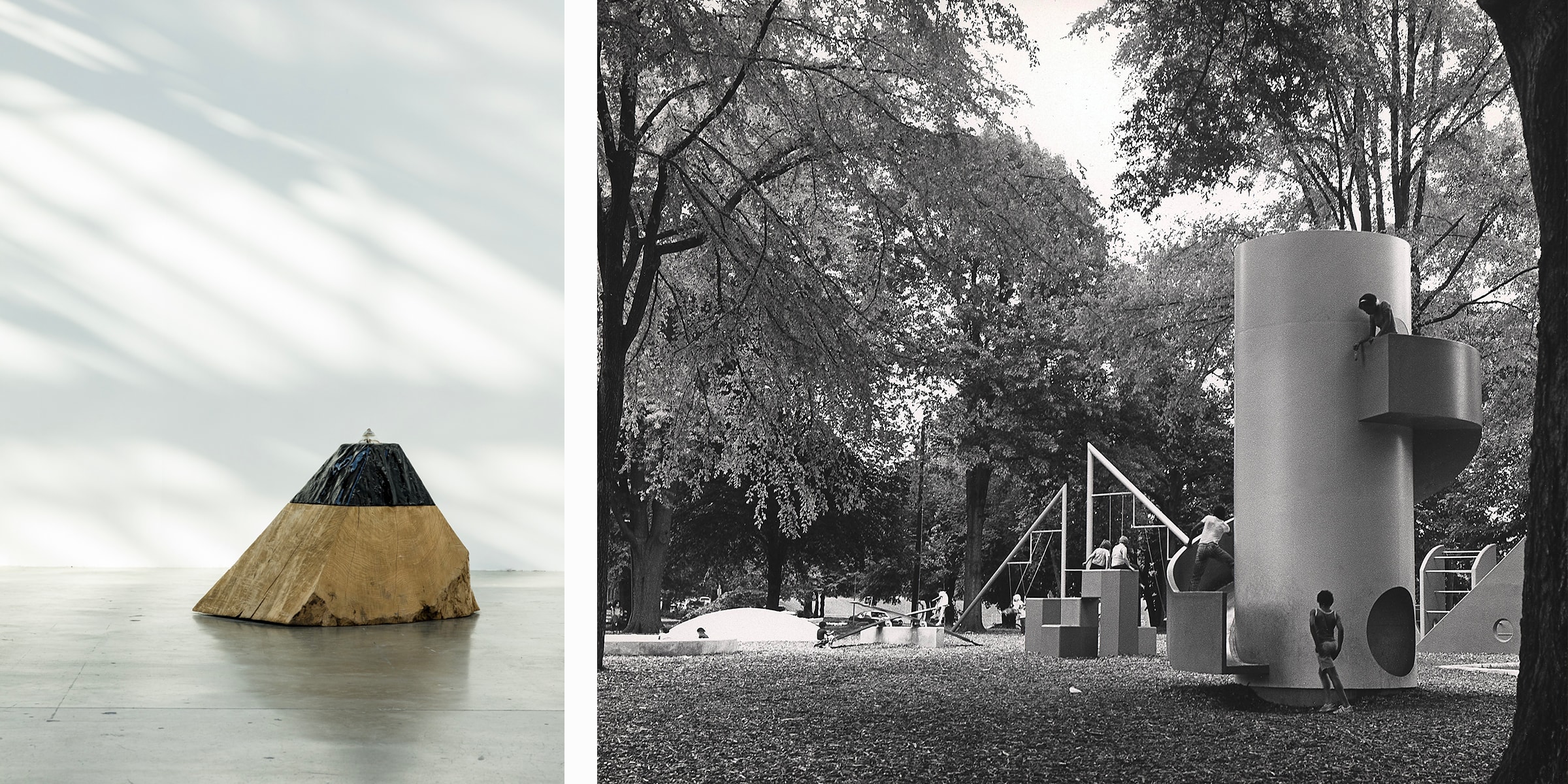 左：Theaster Gates，《Amalgam #1》，2019，照片由Chris Strong拍攝，© Theaster Gates；右：野口勇，美國佐治亞洲亞特蘭大Piedmont Park的「遊戲地景」（Playscapes），1975-76，野口勇博物館檔案，02170，© 紐約野口勇博物館基金及博物館，Artists Rights Society (ARS)