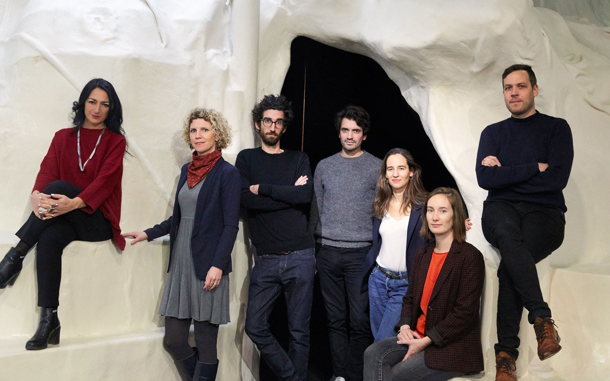 The curators of the upcoming Lyon Biennale, from left to right: Vittoria Mararrese, Daria de Beauvais, Yoann Gourmel, Hugo Vitrani, Claire Moulène, Adélaïde Blanc, and Matthieu Lelièvre.