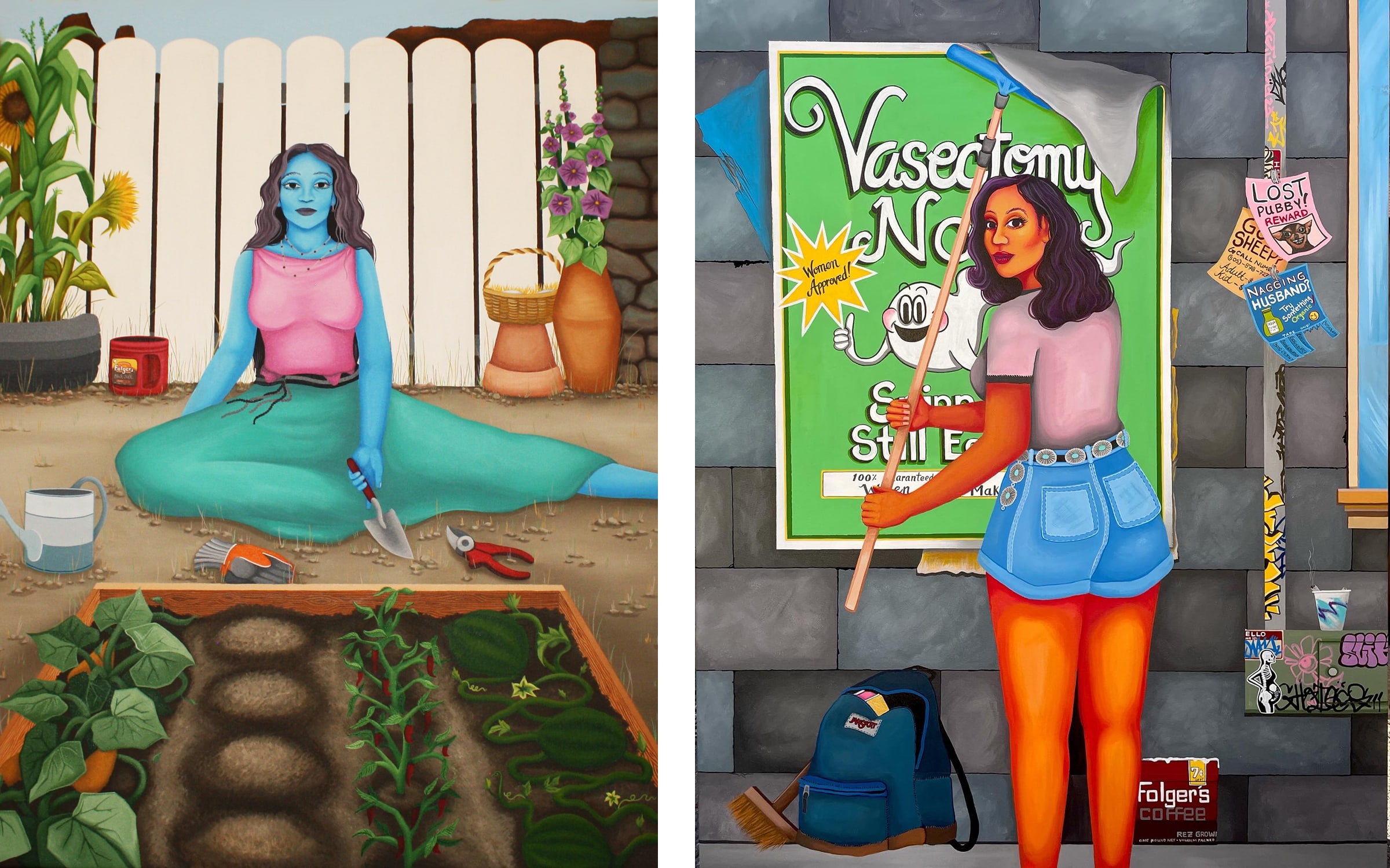 Left: Robyn Tsinnajinnie, Still Life, 2022. Right: Robyn Tsinnajinnie, Vasectomy Now!, 2022. Both images courtesy of the artist and K Art, Buffalo, New York.