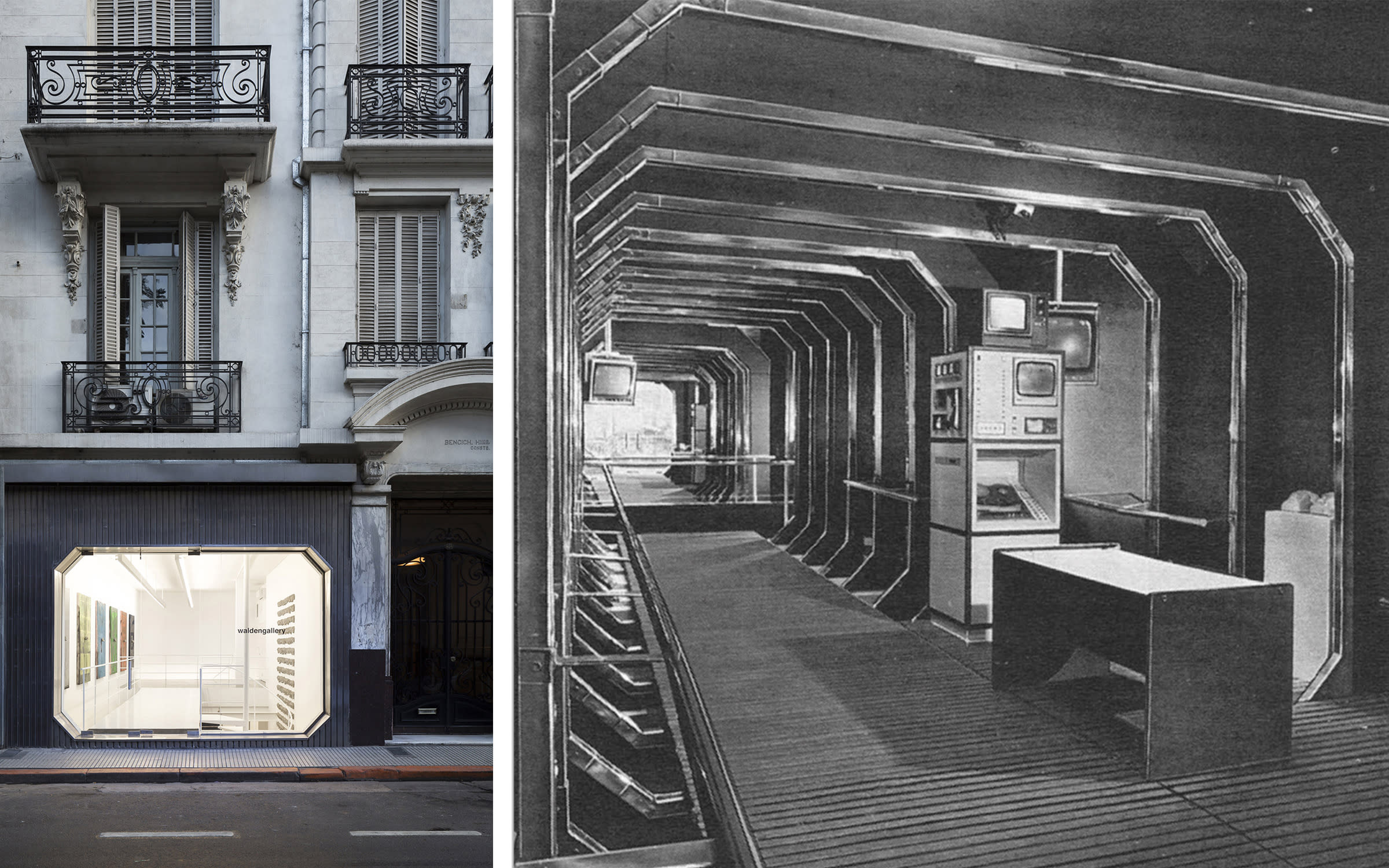 Now and then: waldengallery's distinctive facade in Viamonte street in Buenos Aires, and the original interior as it appeared in 1972, during its heyday as the Centro de Arte y Comunicación. Historian María José Herrera writes that the organization rallied architects, scientists, and artists to ‘work together to try and configure an art that was brand-new, straight from a continent that was waiting to occupy its place in the world order.’ Images courtesy of waldengallery, Buenos Aires.