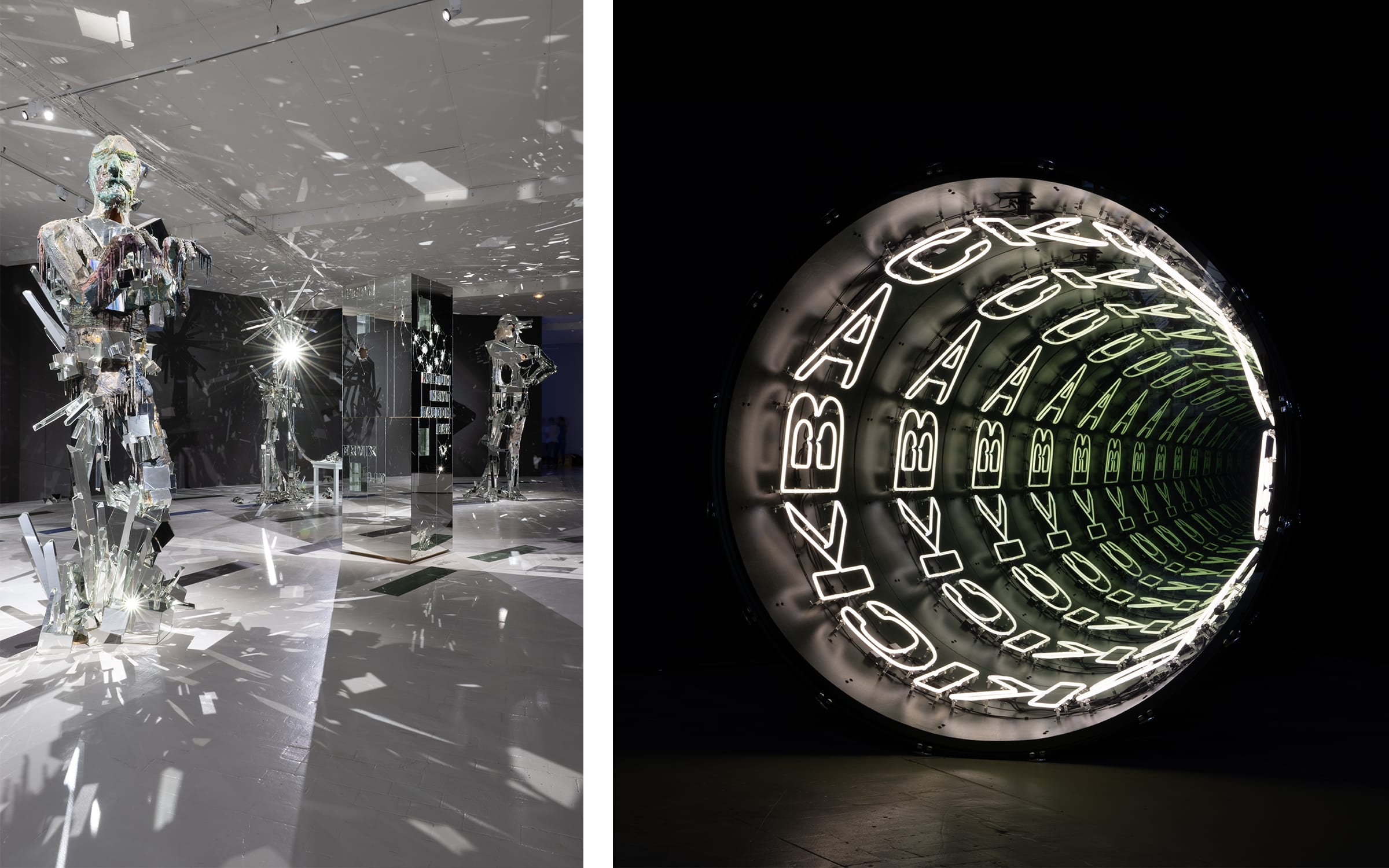 Left: David Altmejd, The Giants, 2007. Photograph by Joost Vanhaerents. Courtesy of the Vanhaerents Art Collection Brussels. Right: Installation view of Ivan Navarro, KICKBACKICKBACKICKBACK, 2016 at Tripostal, Lille, 2023. Photograph by Joost Vanhaerents. Courtesy of the Vanhaerents Art Collection Brussels.     