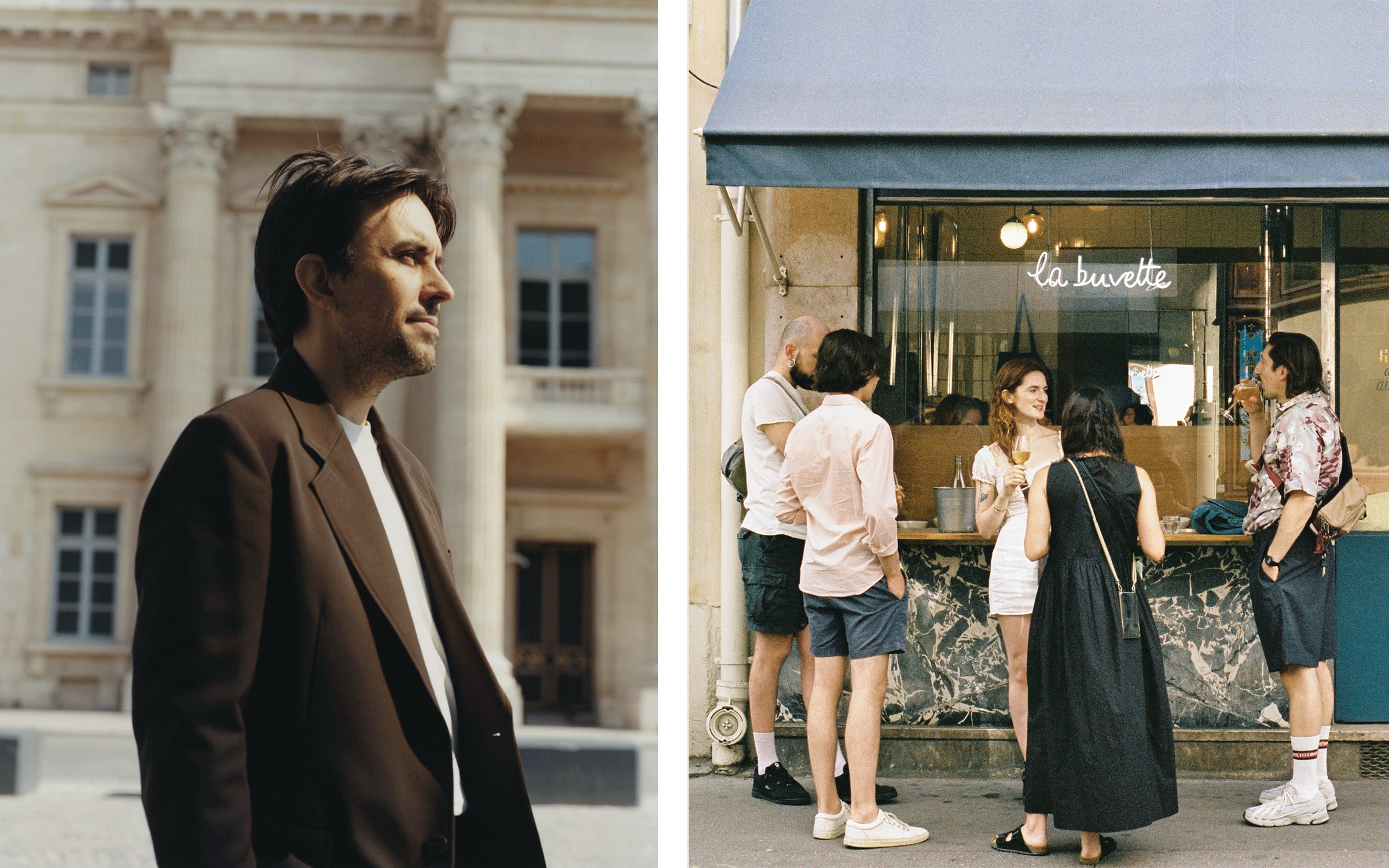 Left: Clément Delépine, director of Paris+ par Art Basel, Champ de Mars, Paris, 2023. Photograph by Bettina Pittaluga for Art Basel. Right: La Buvette, rue Saint-Maur. Photograph by Aliki Christoforou for Art Basel.