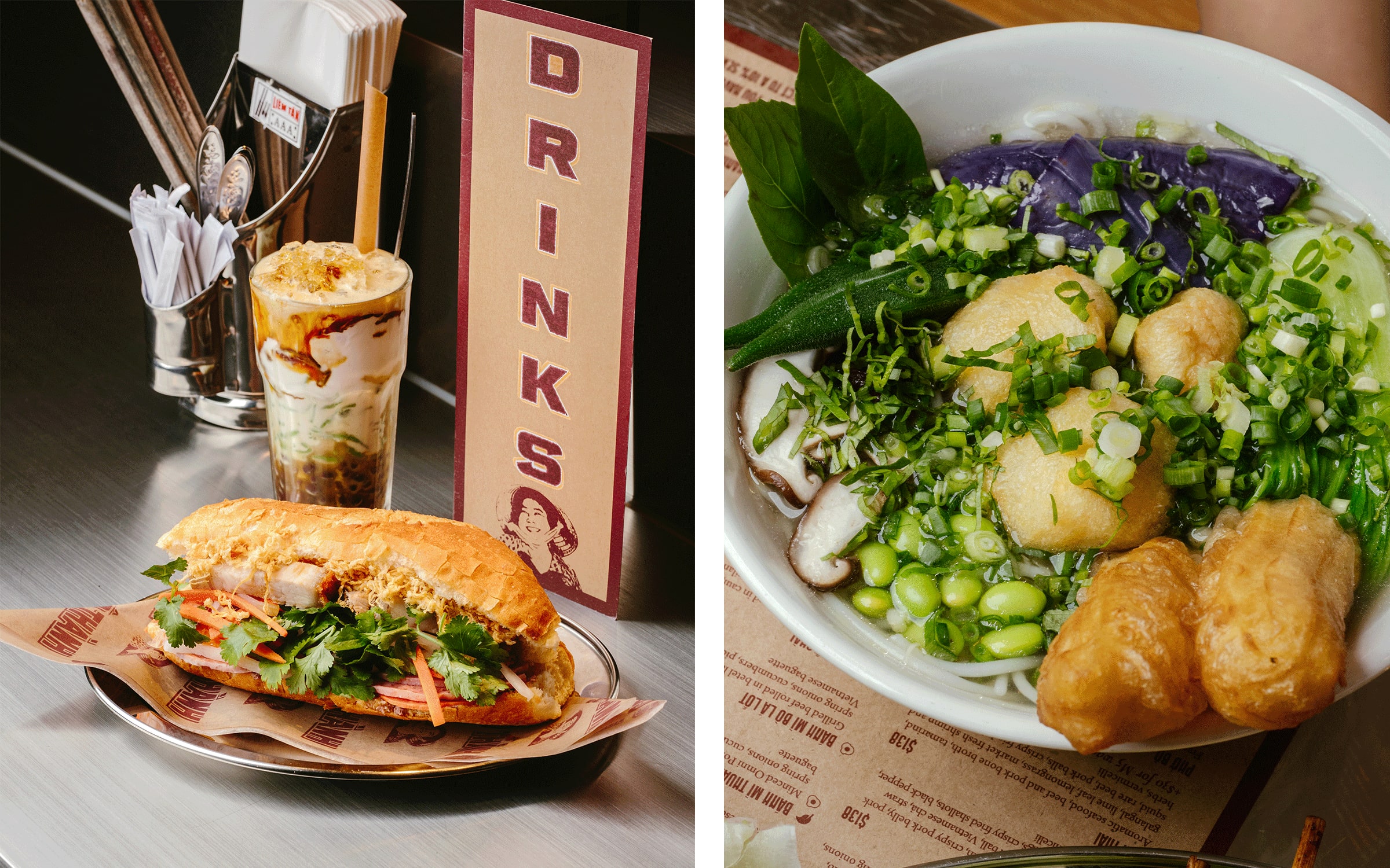 Dishes at Cô Thành. © Cô Thành. Left: Bánh mì truyền thống, chè ba máu. Right: Phở chay.