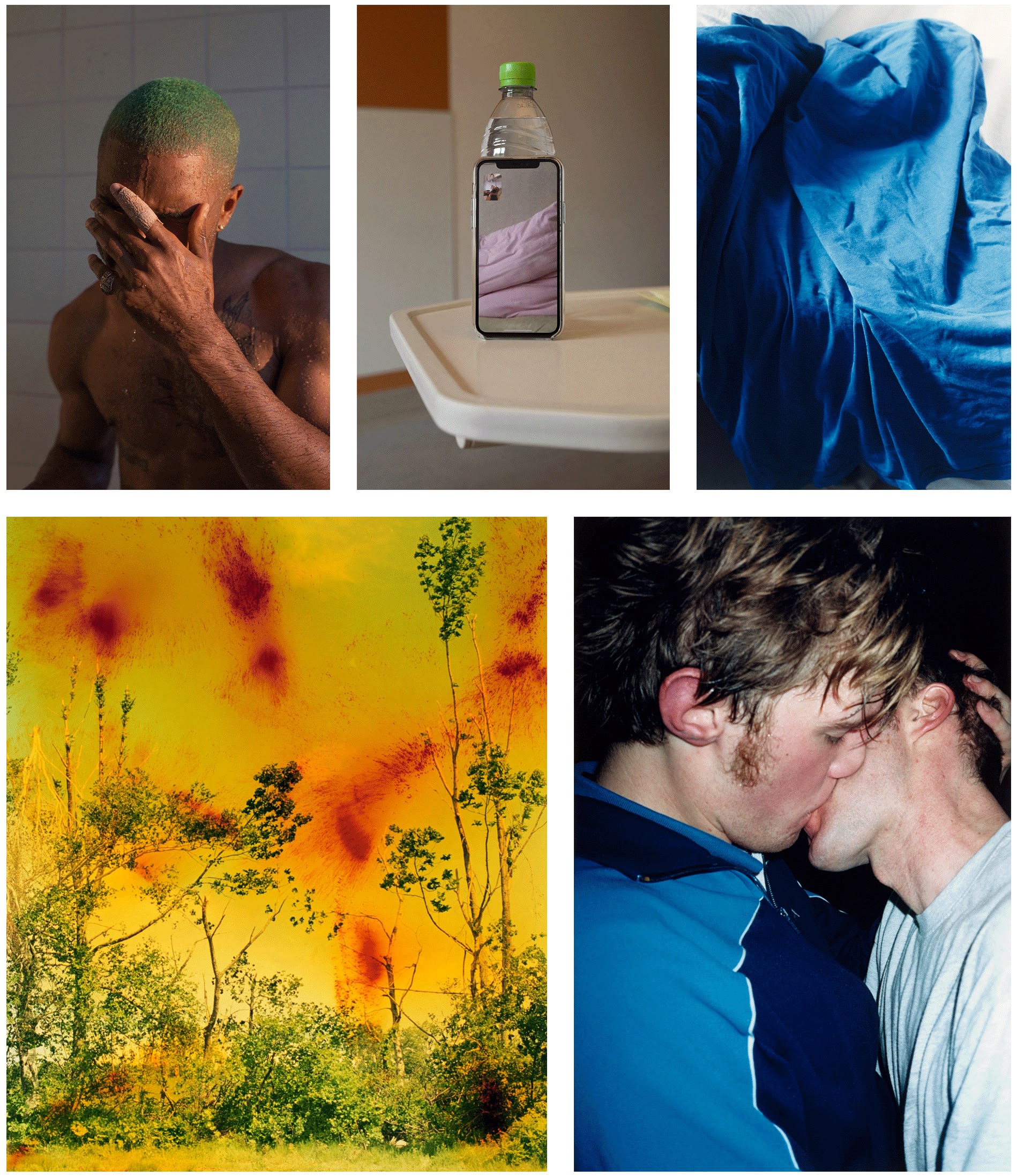 Left to right, top to bottom, all photos by Wolfgang Tillmans, courtesy of the artist and David Zwirner, New York and Hong Kong, Galerie Buchholz, Berlin and Cologne, Maureen Paley, London : 1. Frank, in the shower (2015). 2. Lüneburg (self) (2020). 3. Faltenwurf (skylight) (2009). 4. Icestorm (2001). 5. The Cock (kiss) (2002).